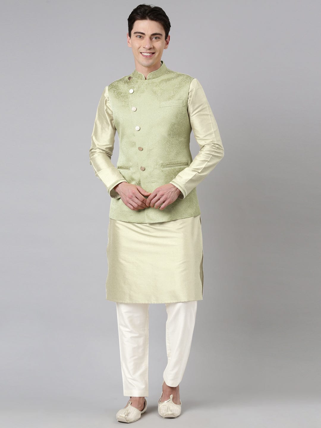 Green Jacquard Jacket With Kurta Set