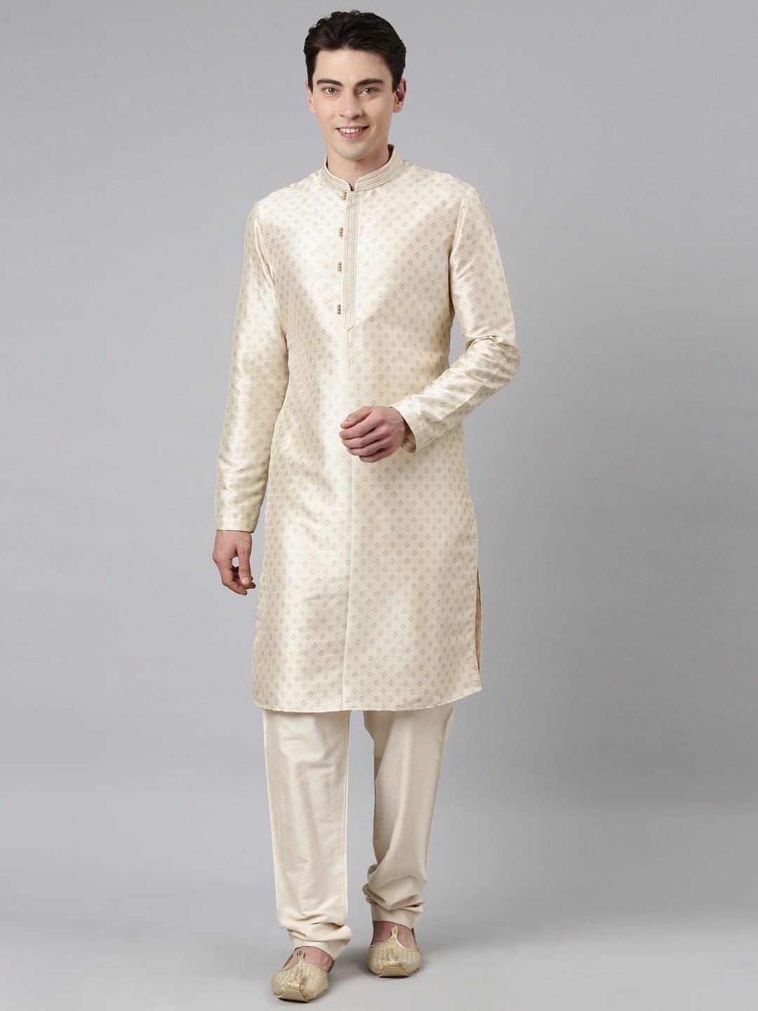 Cream Silk Gold Printed Kurta Set