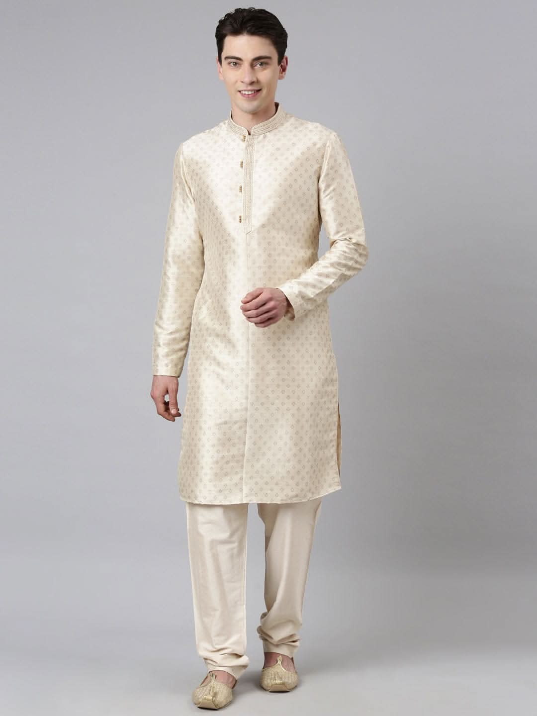 Cream Silk Gold Printed Kurta Set