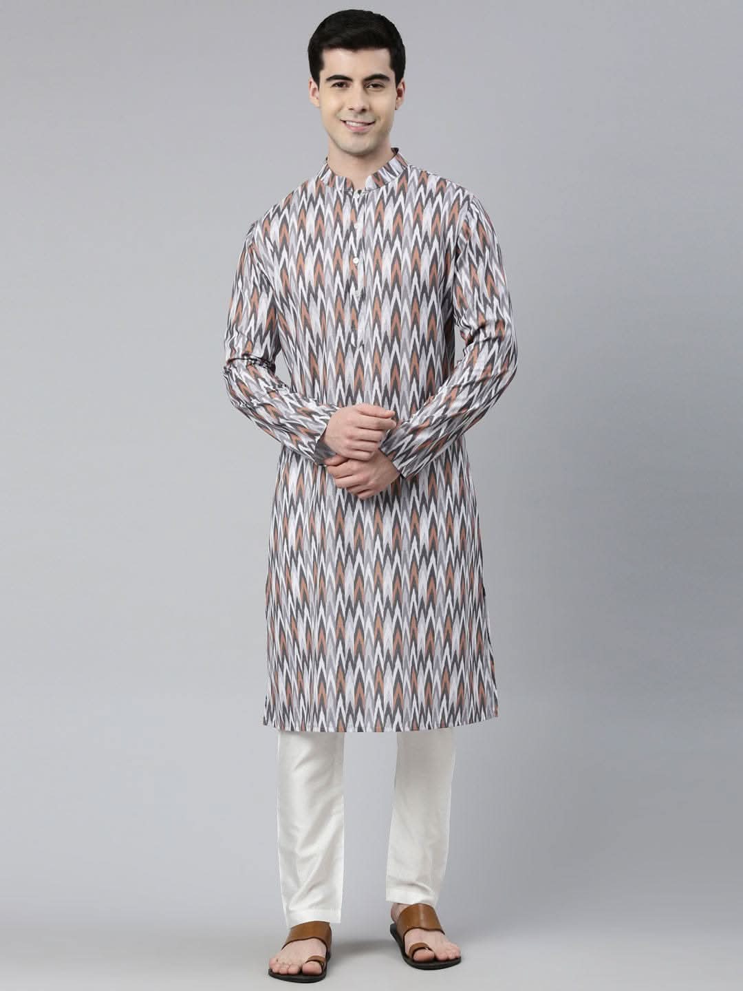 Grey Ikat Printed Kurta Set