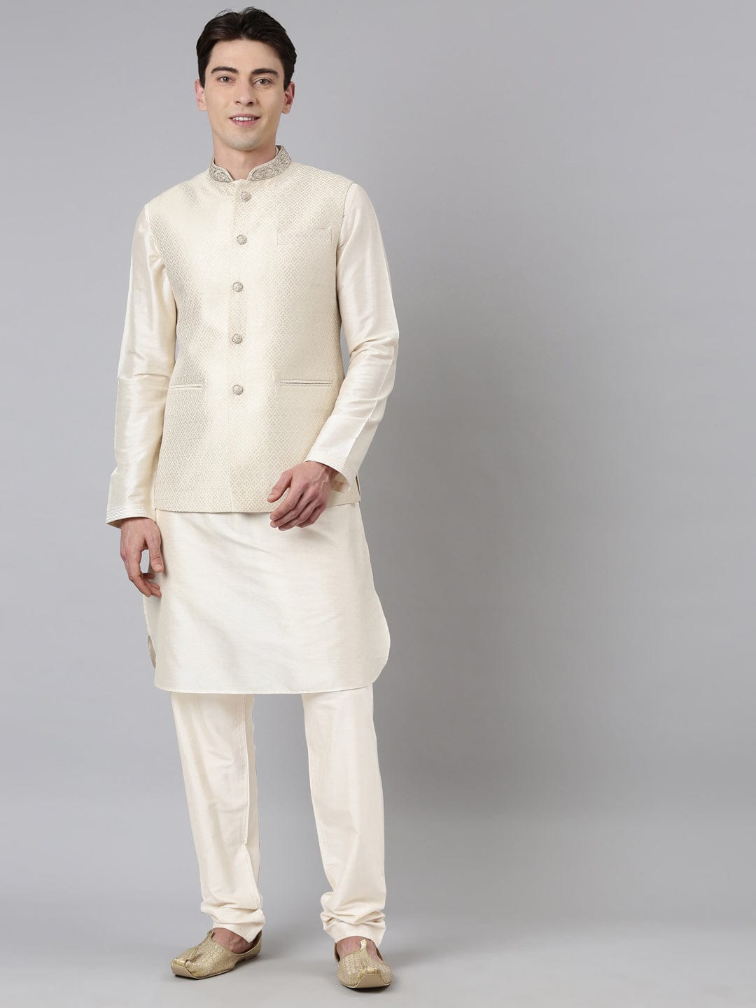Ivory Gold Jacquard Jacket With Kurta Set