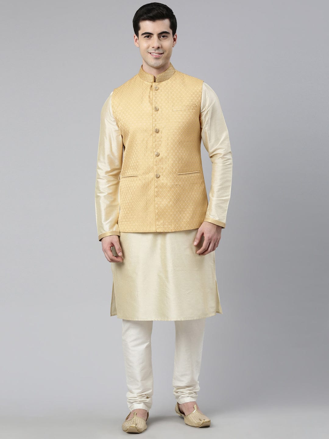Beige Geometric Jacquard Jacket With Kurta Set