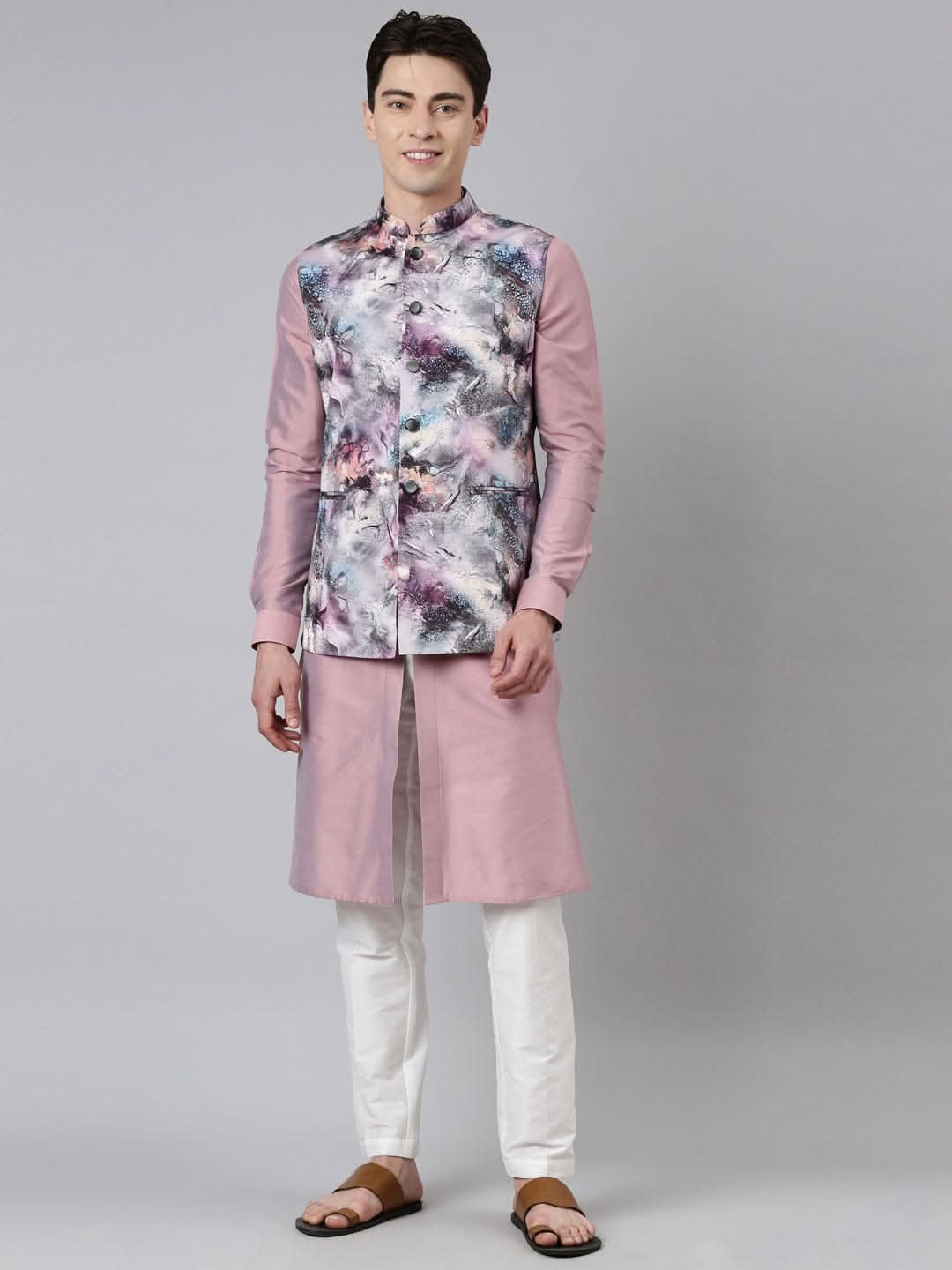 Pink Print Jacket With Open Kurta