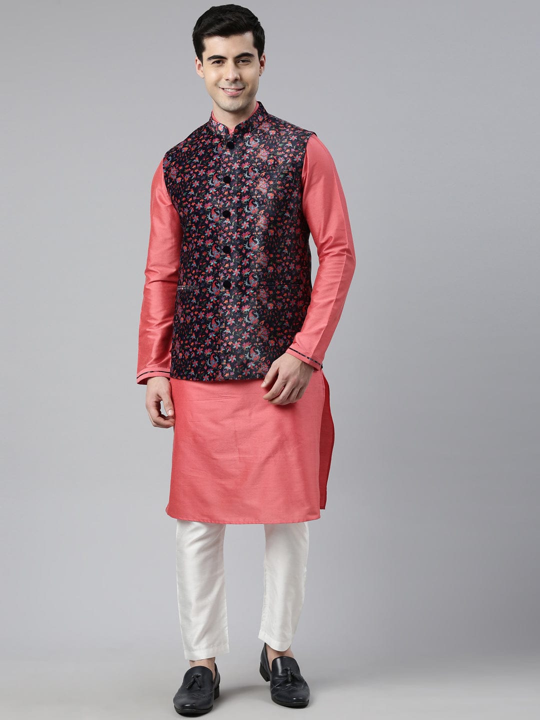 Midnight Blue Velvet Pashmina Printed Jacket With Pink Kurta