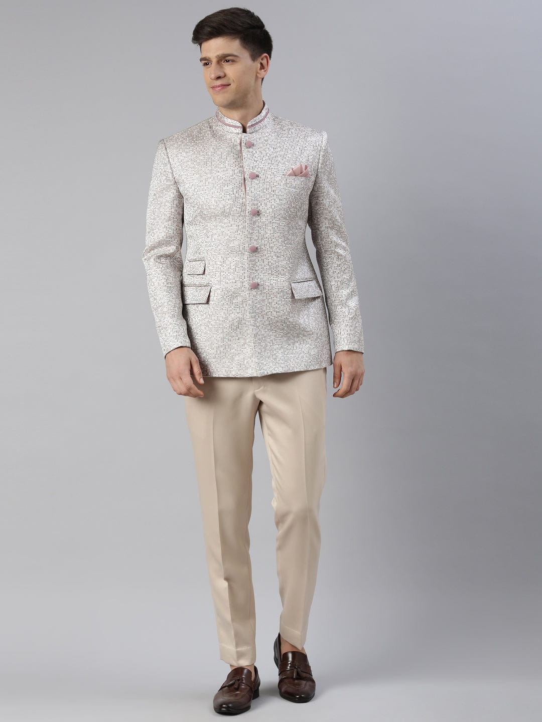 Pink Grey Jacquard Bandhgala Set