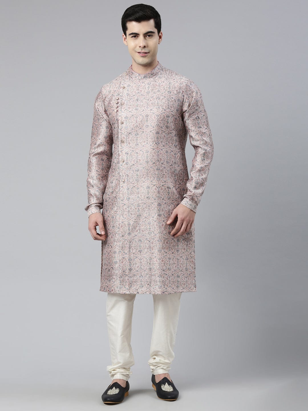 Pink Floral Block Printed Angrakha Chanderi Silk Kurta Set