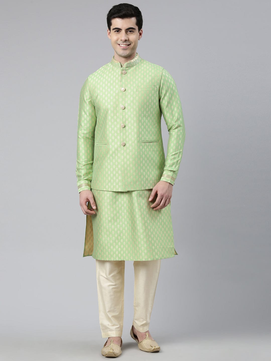 Mint Green Banarasi Jacquard Jacket And Kurta Set