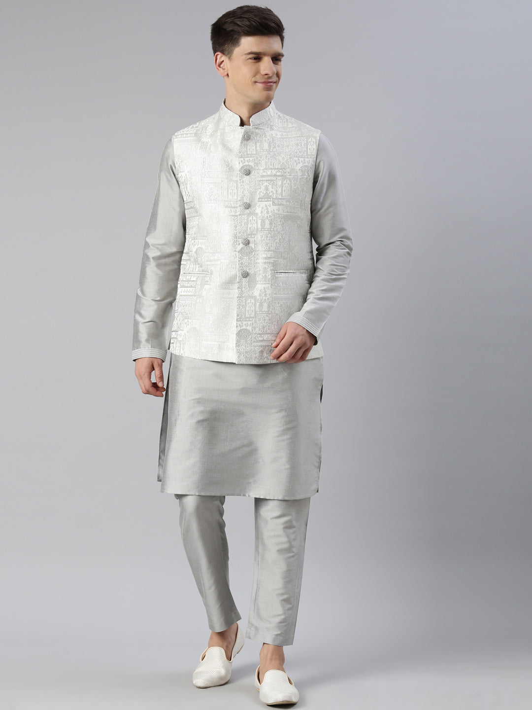 Grey Jacquard Jacket with Kurta Set