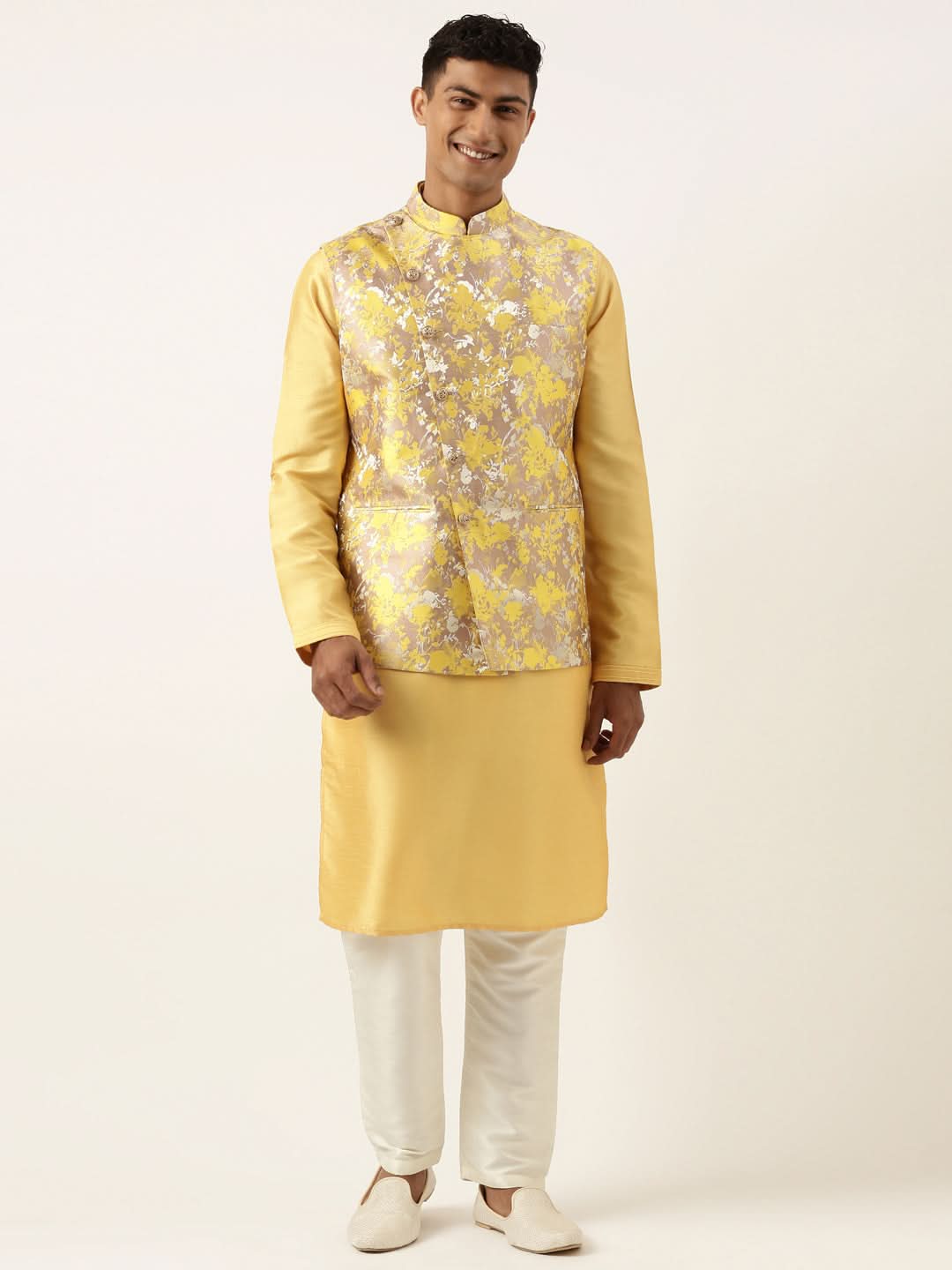 Yellow Floral Jacquard Angrakha Jacket