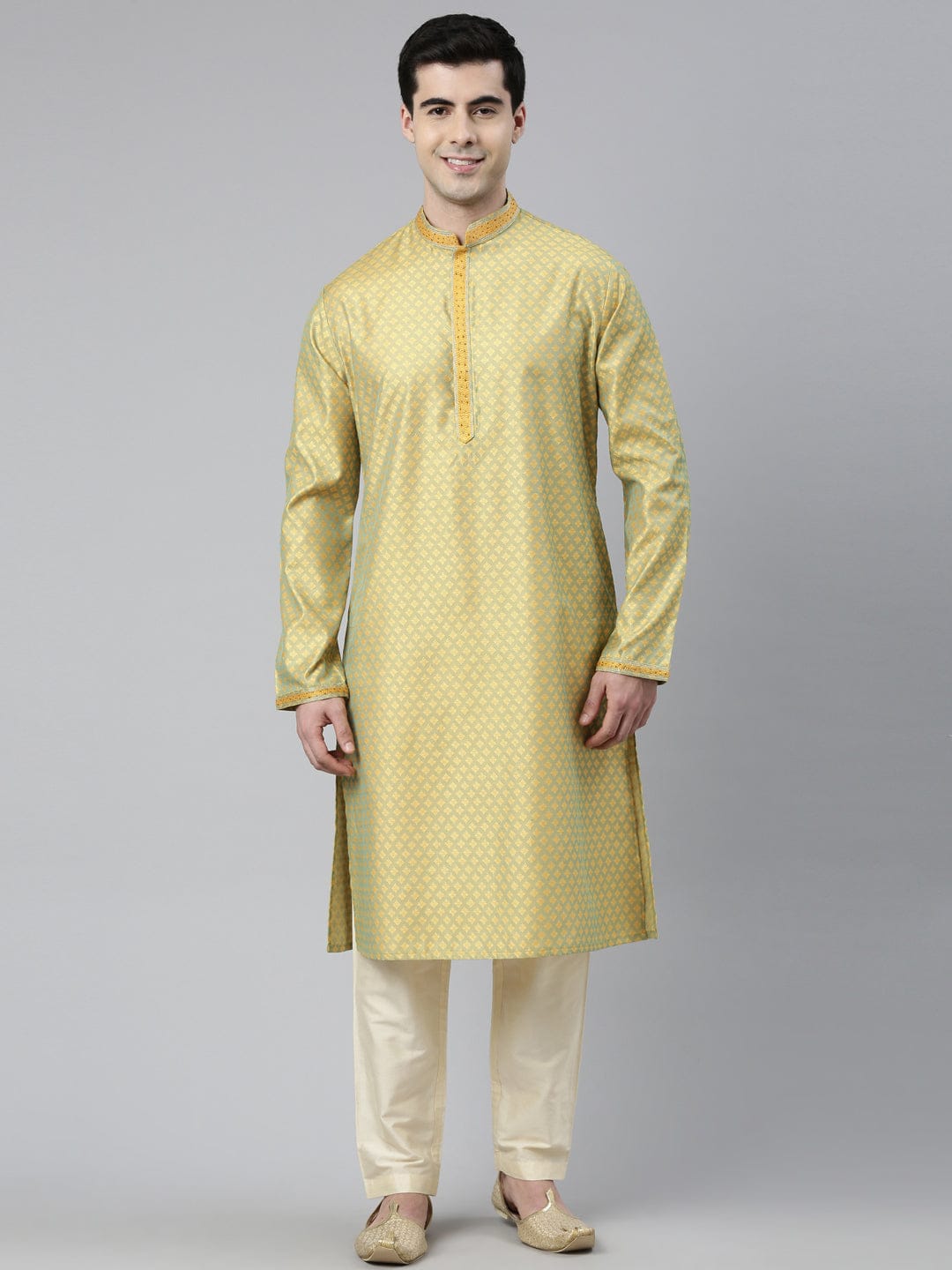 Greenish Yellow Silk Jacquard Kurta Set