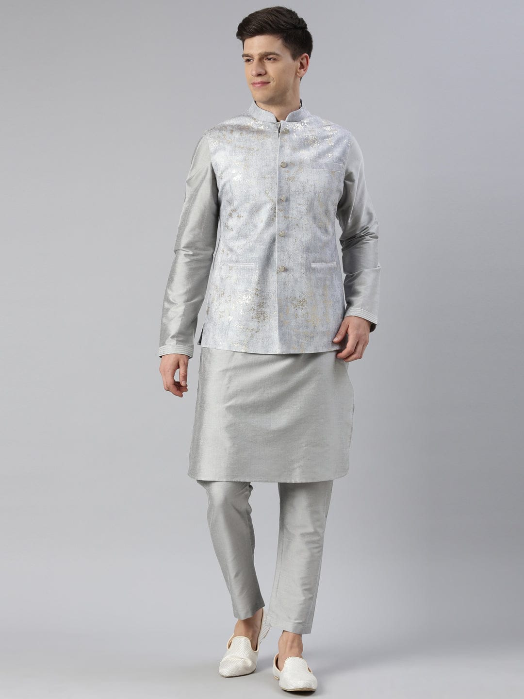 Grey Velvet Jacket With Grey Kurta Set
