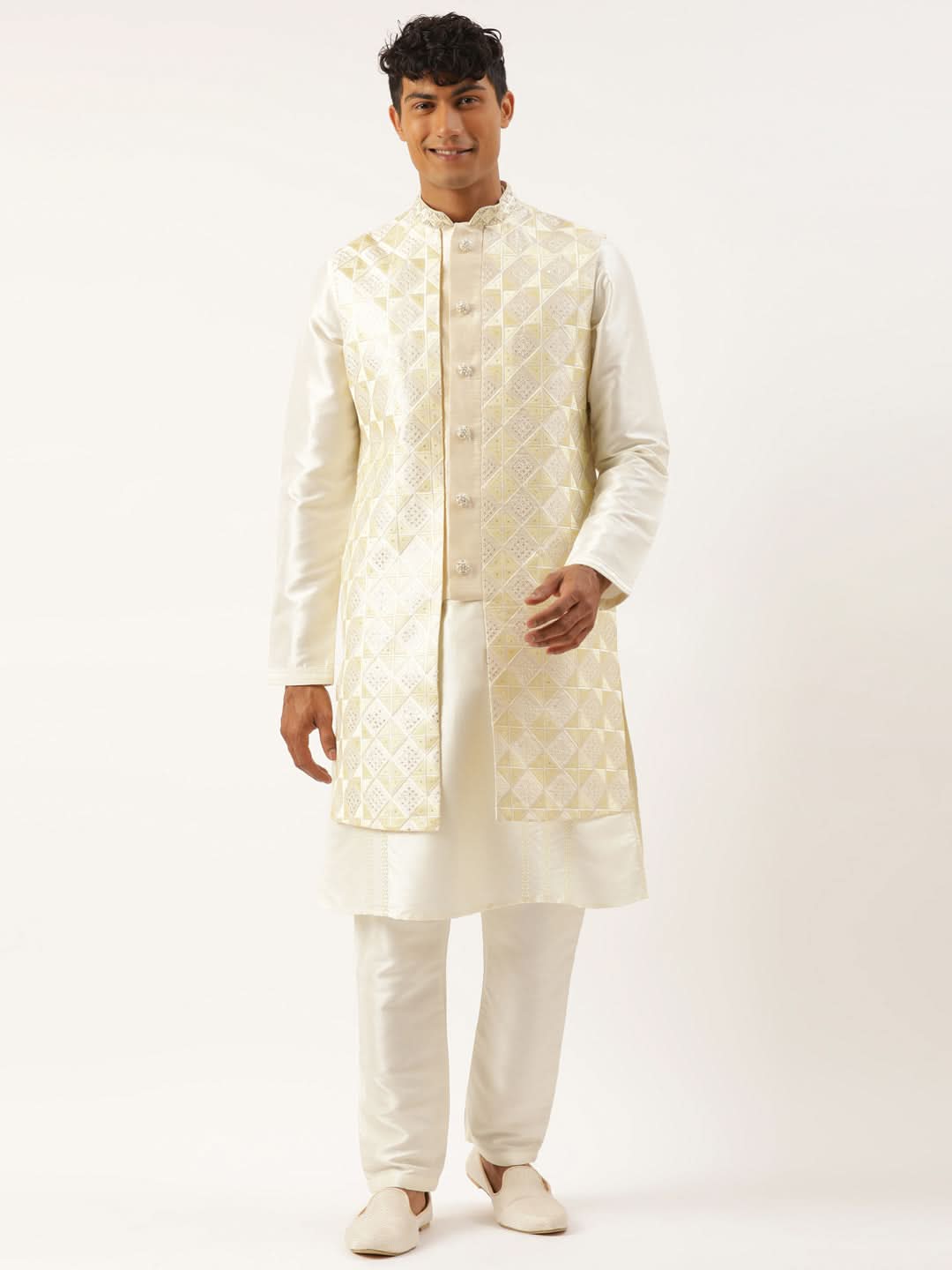 Cream Embroiderd Layered Long Jacket