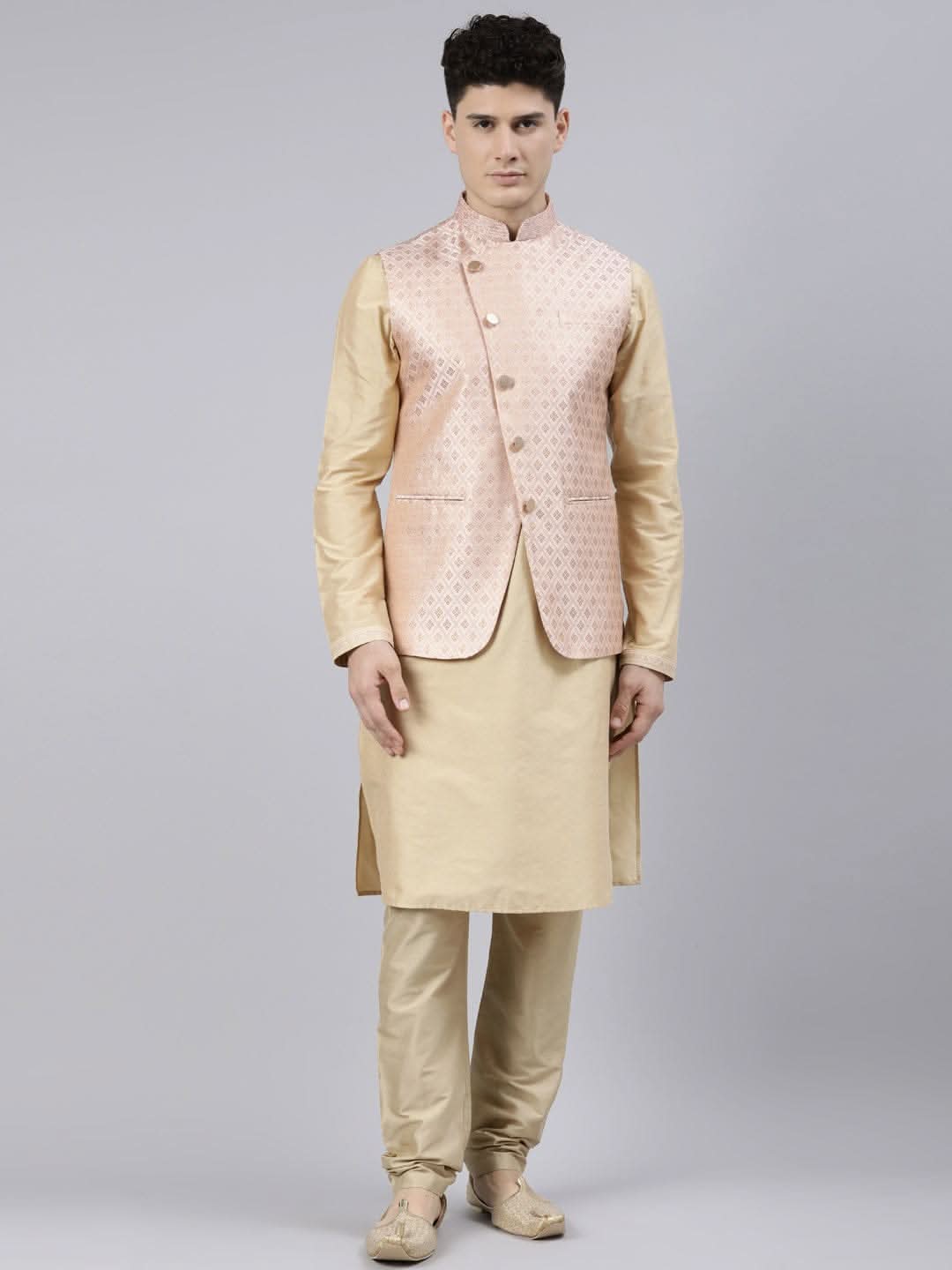 Peach Brocade Jacket With Gold Kurta
