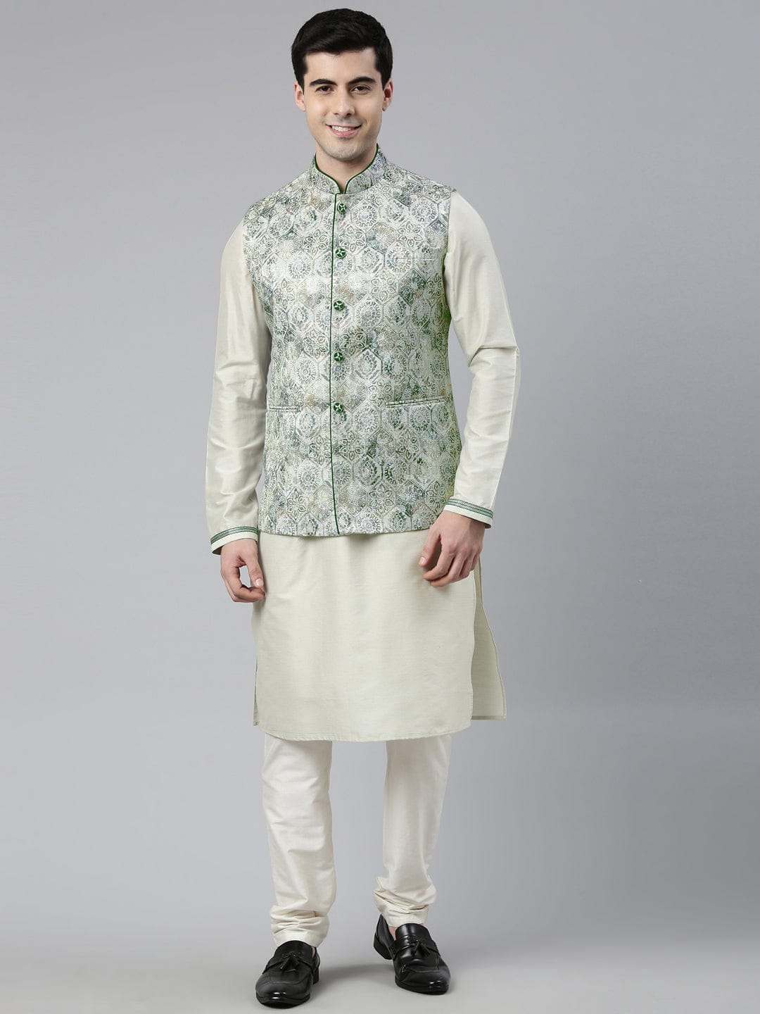 Grey Green Jacquard Jacket With Green Kurta