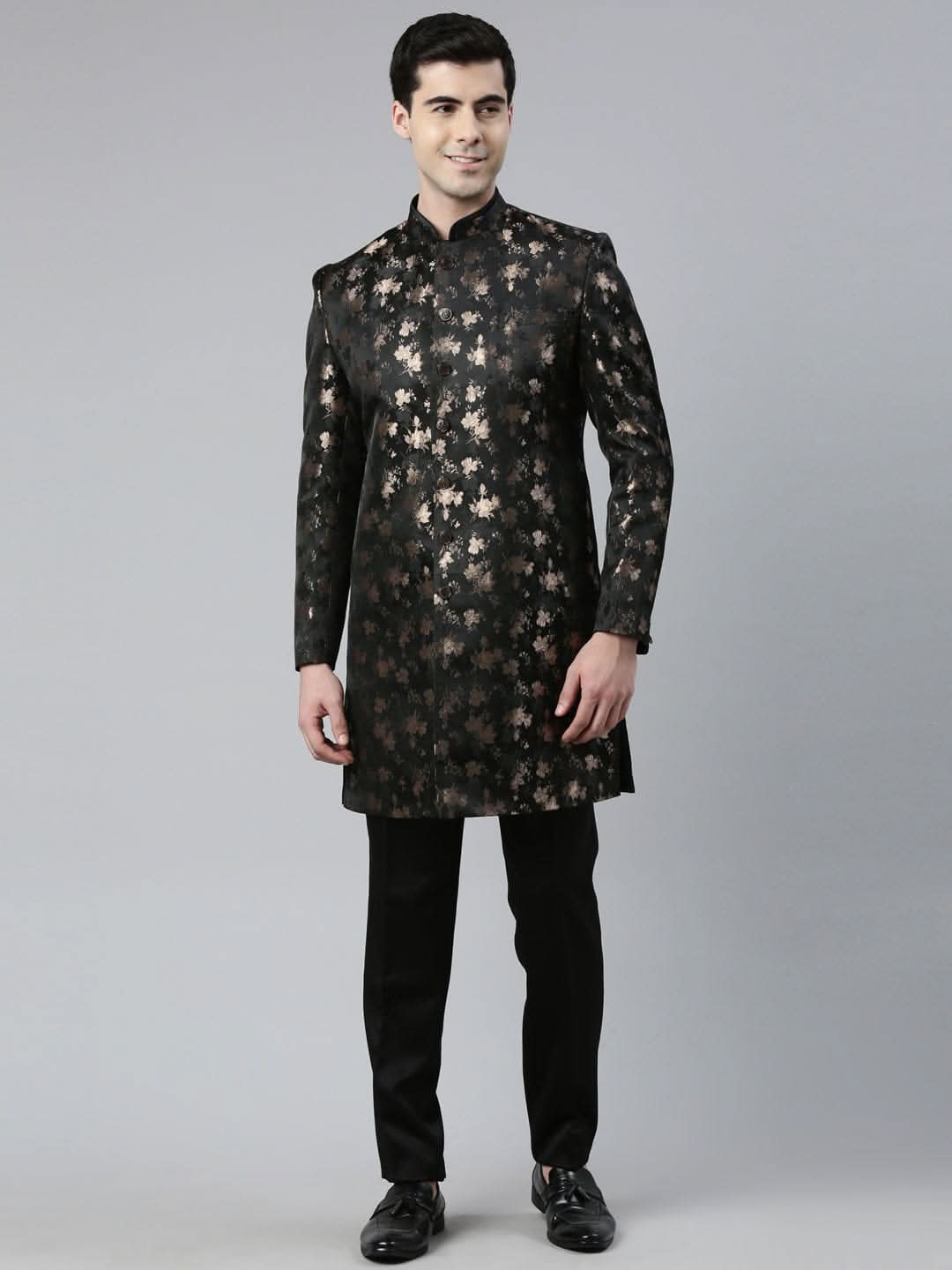 Gold Black Jacquard Indo Western with Black Pant
