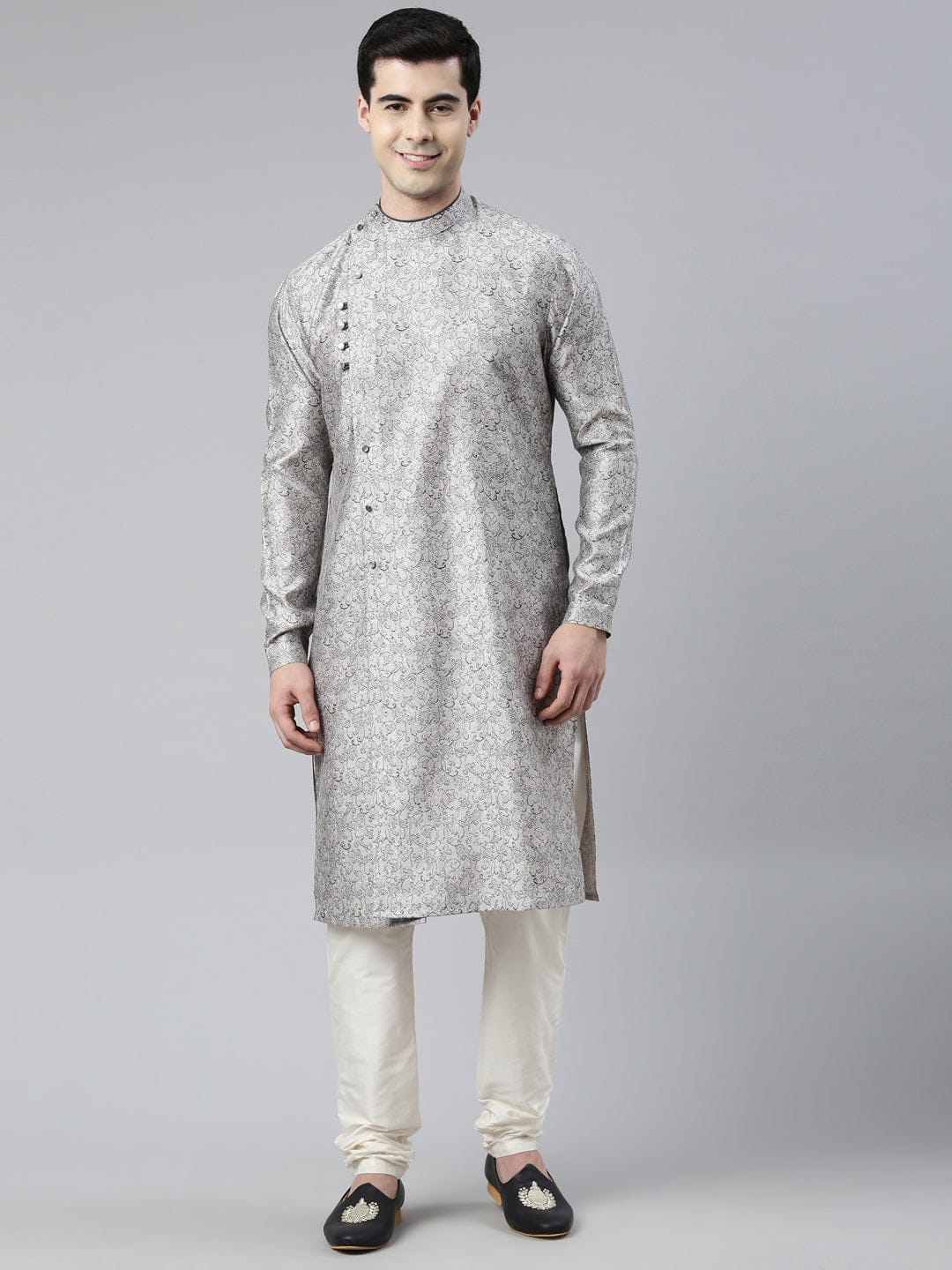 Grey Block Printed Angrakha Style Chanderi Silk kurta set