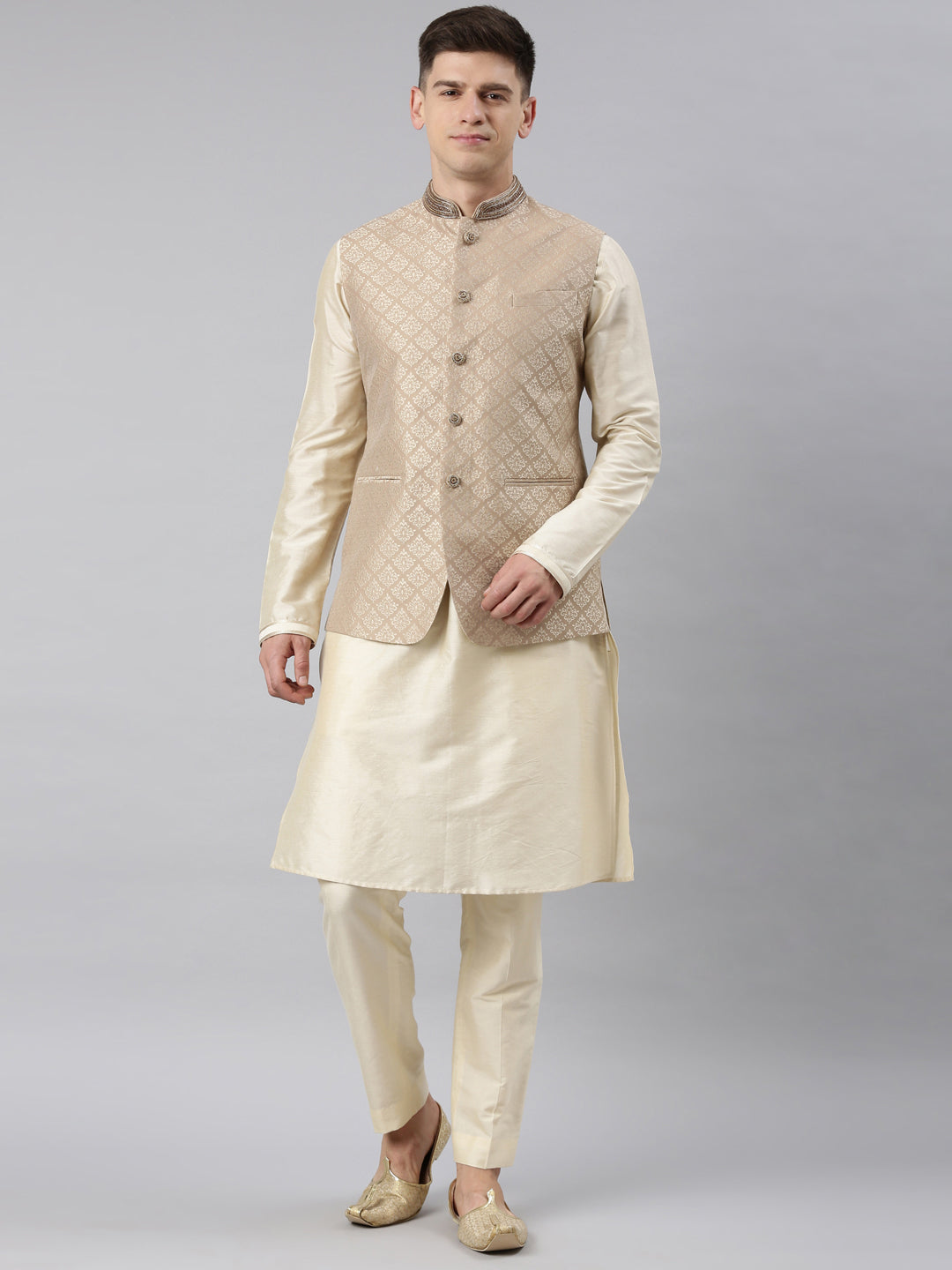Beige Gold Jacquard Jacket W Ivory Kurta