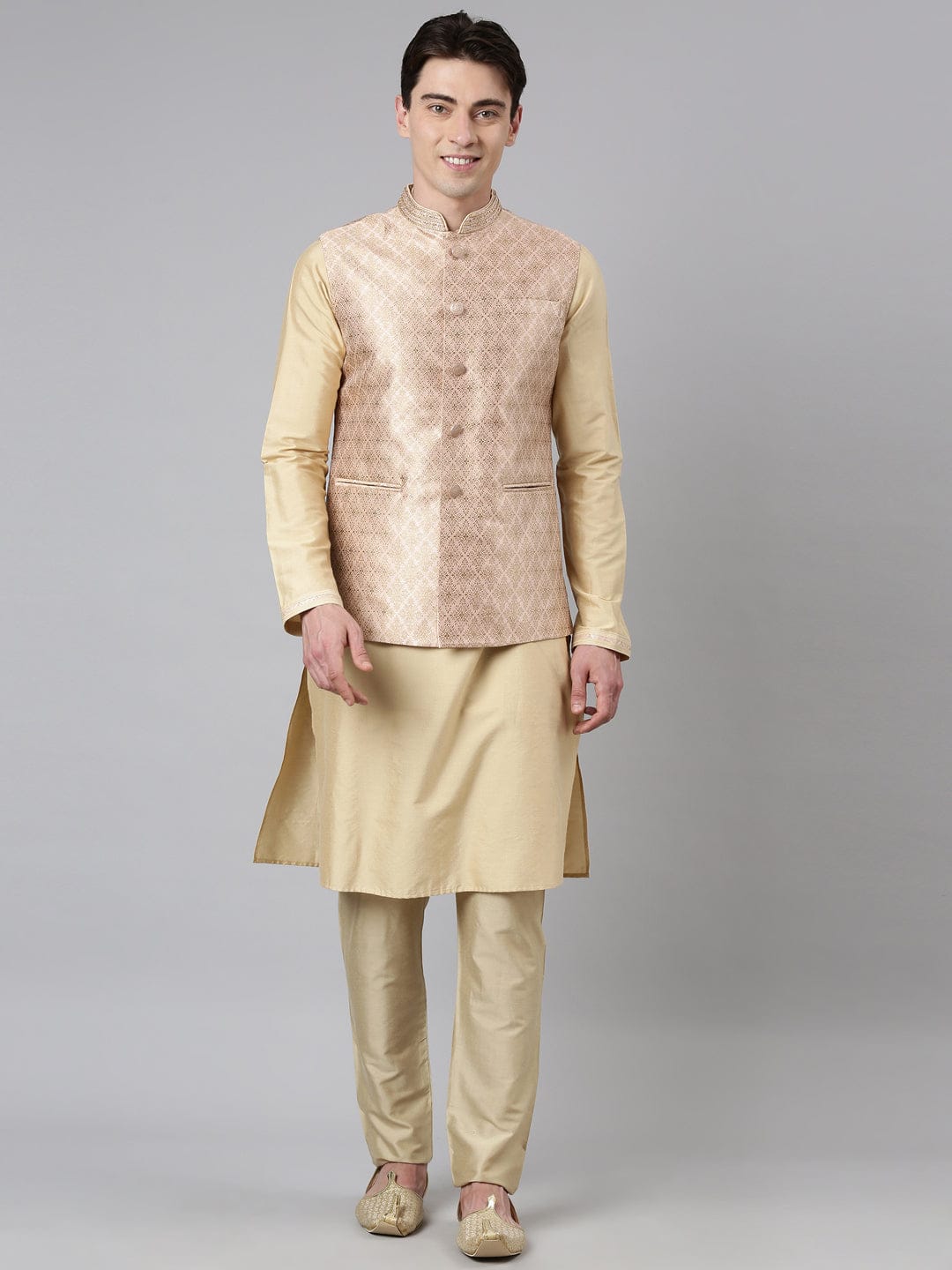 Peach Gold Jacquard Jacket W Gold Kurta