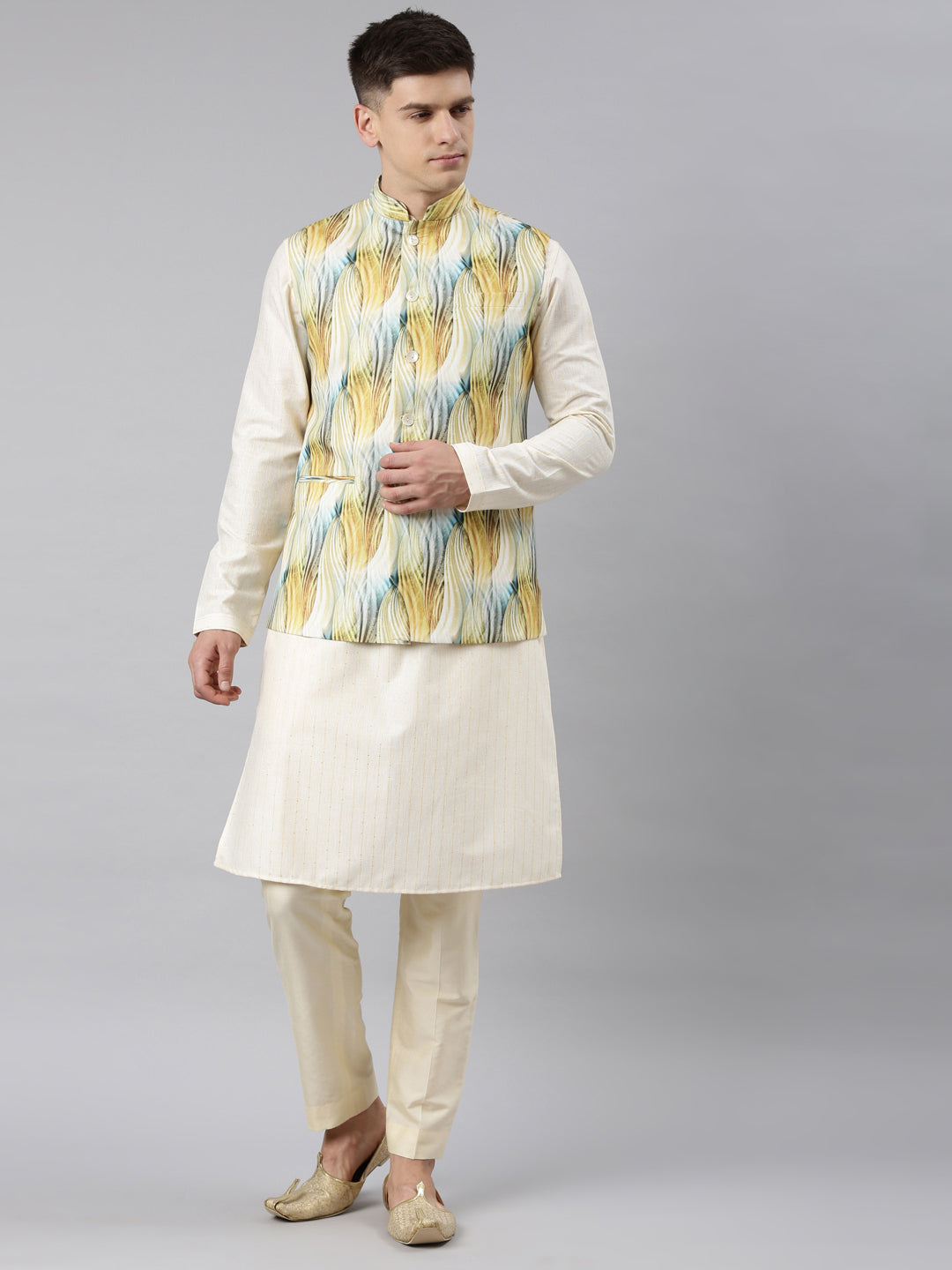 Yellow Linen Printed Jacket with Kurta Set