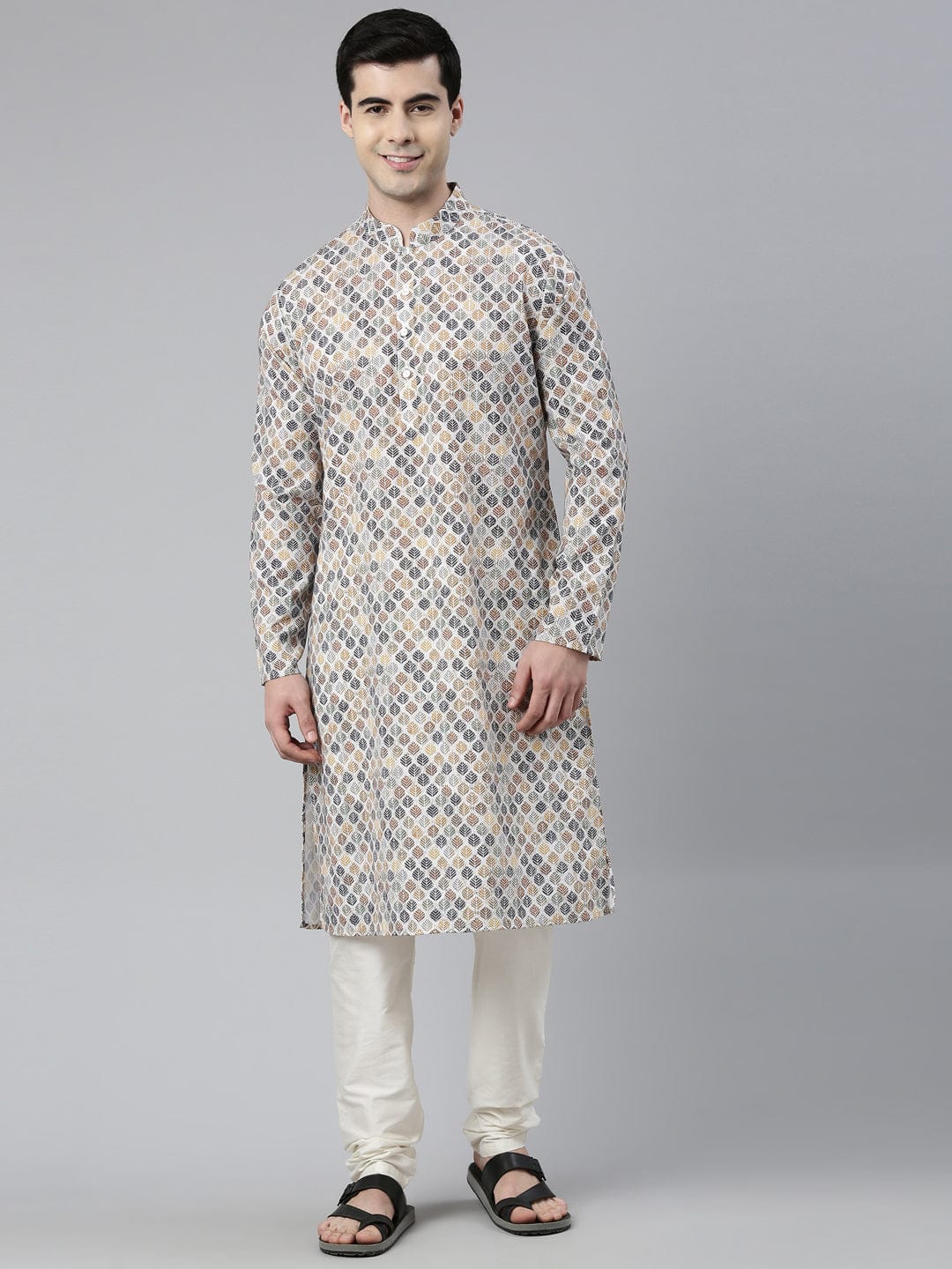 Beige Leaf Printed Kurta Set