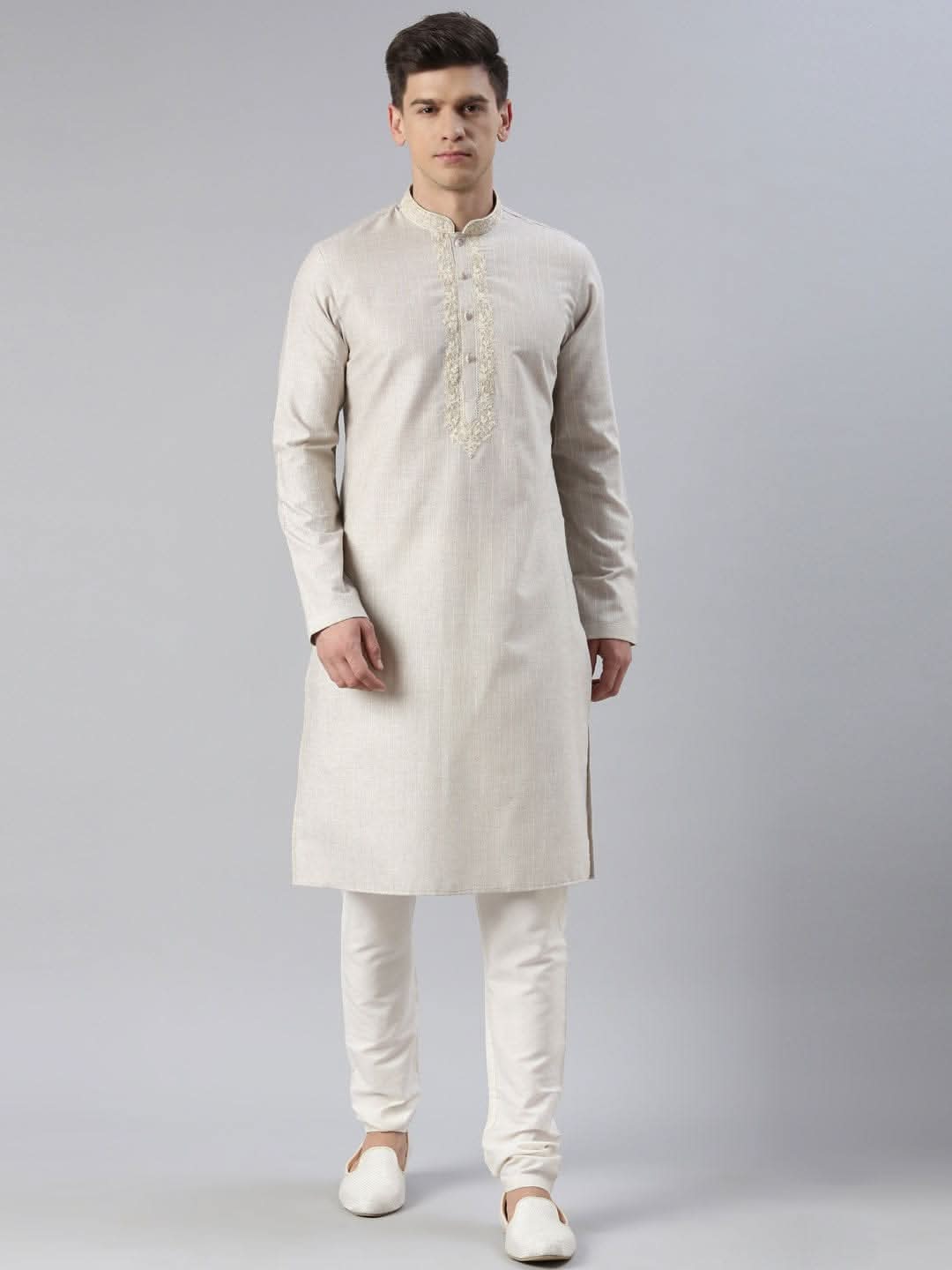 Beige Yellow Linen Embroidered Kurta