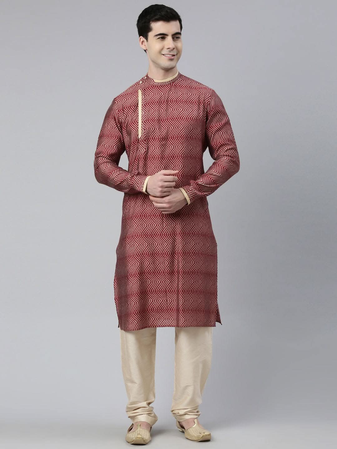 Maroon Harring Bone Block Printed Kurta Set