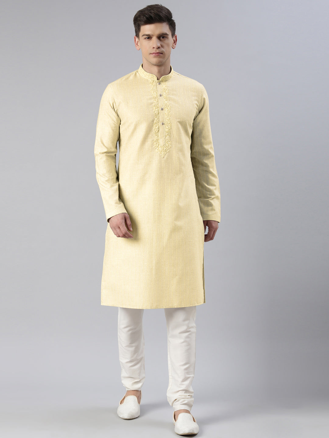 Cream Yellow Linen Embroidered Kurta