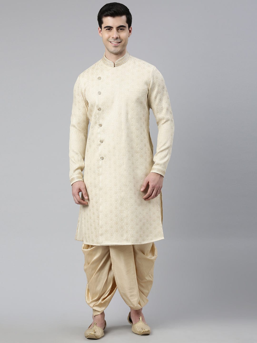 Ivory Gold Brocade Silk Open Kurta Set