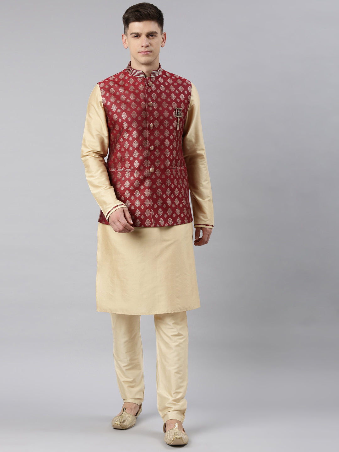 Maroon Brocade Bundi With Gold Kurta