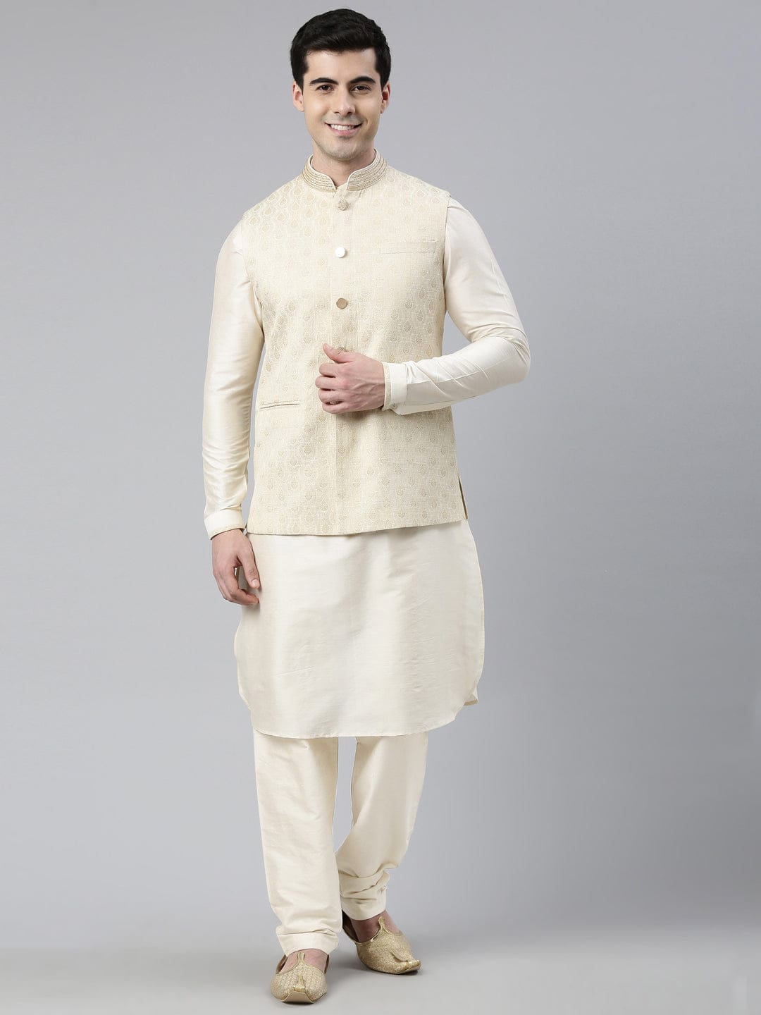 Cream Brocade Jacket With Kurta Set