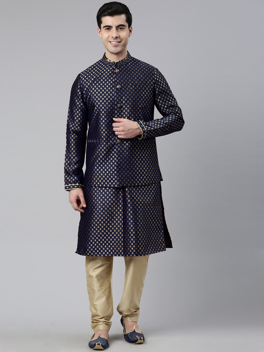 Navy Blue Brocade Jacket And Kurta Set