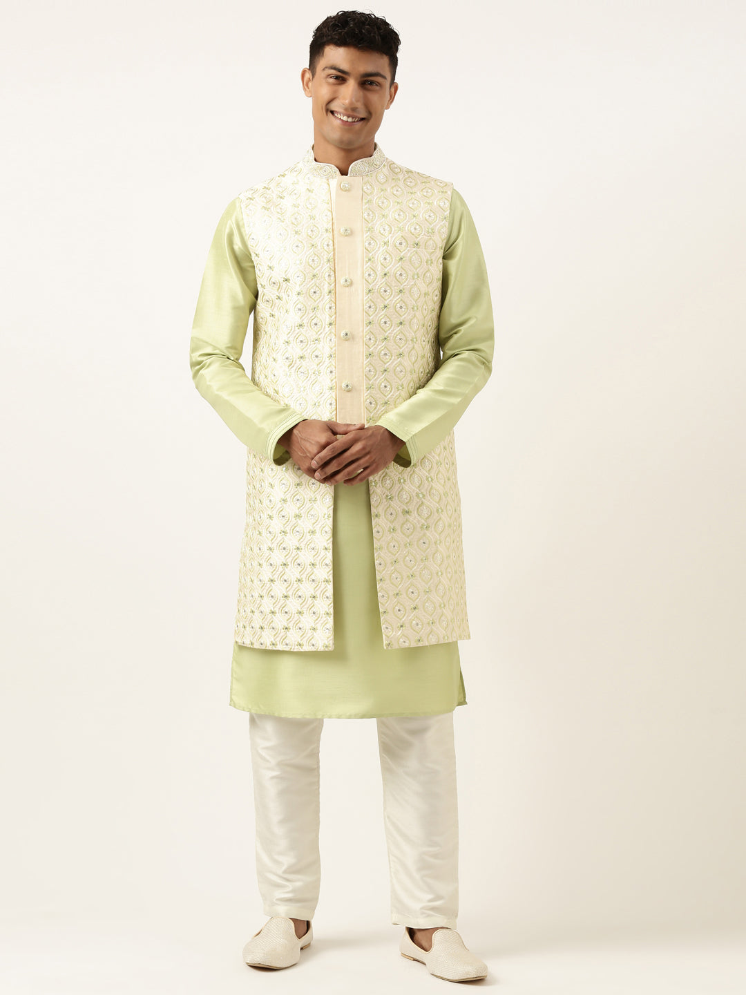 Cream Green Embroiderd Layered Long Jacket