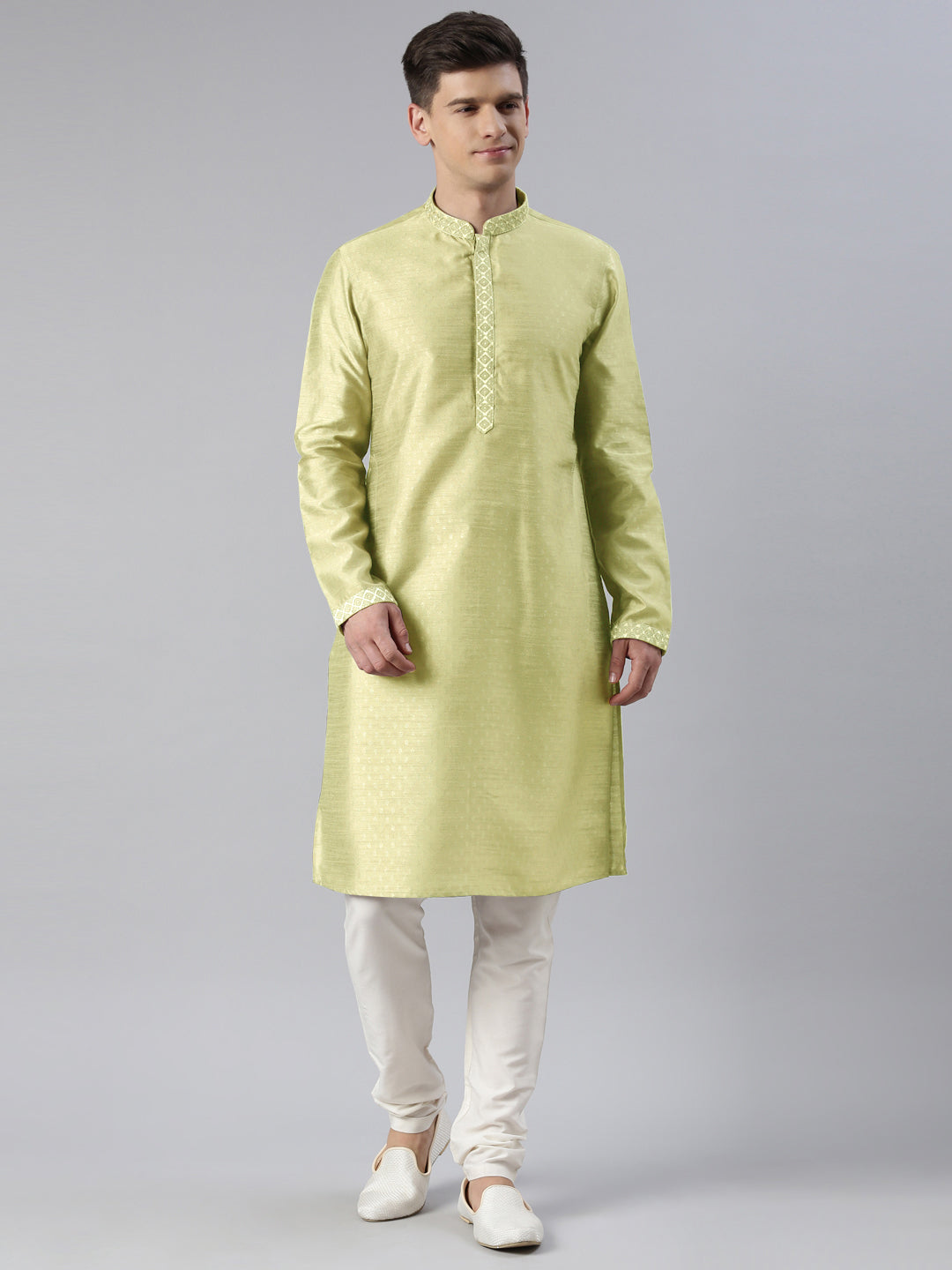 Dusty Green Self Jacquard Art Silk Embroidered Kurta Set