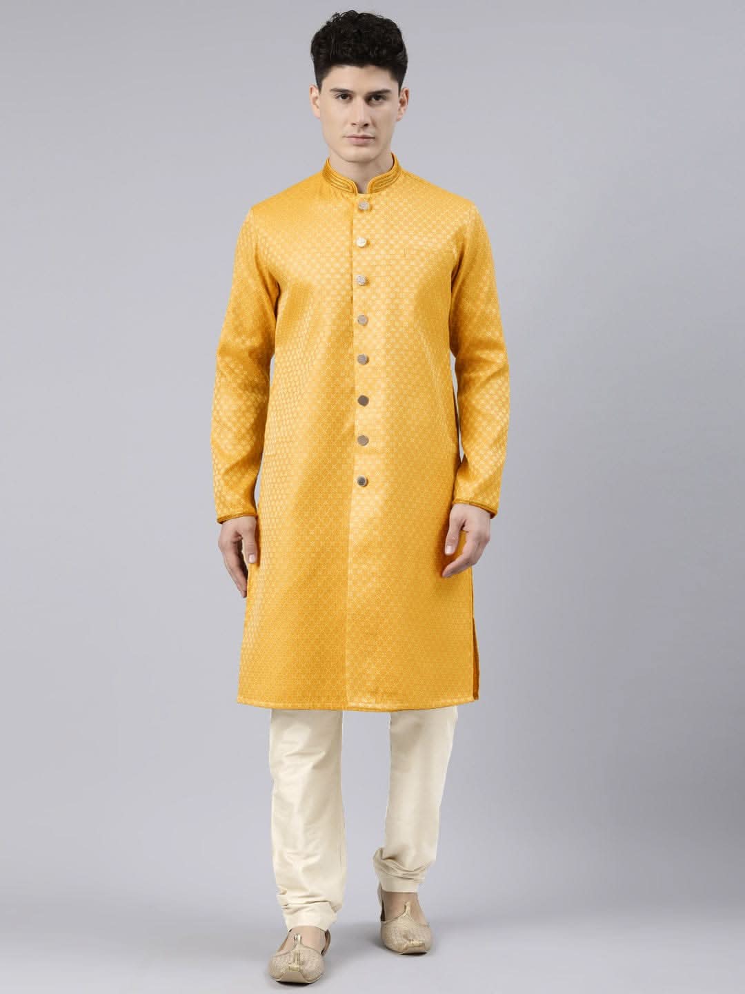 Mustard Diamond Booti Front Open Kurta Set