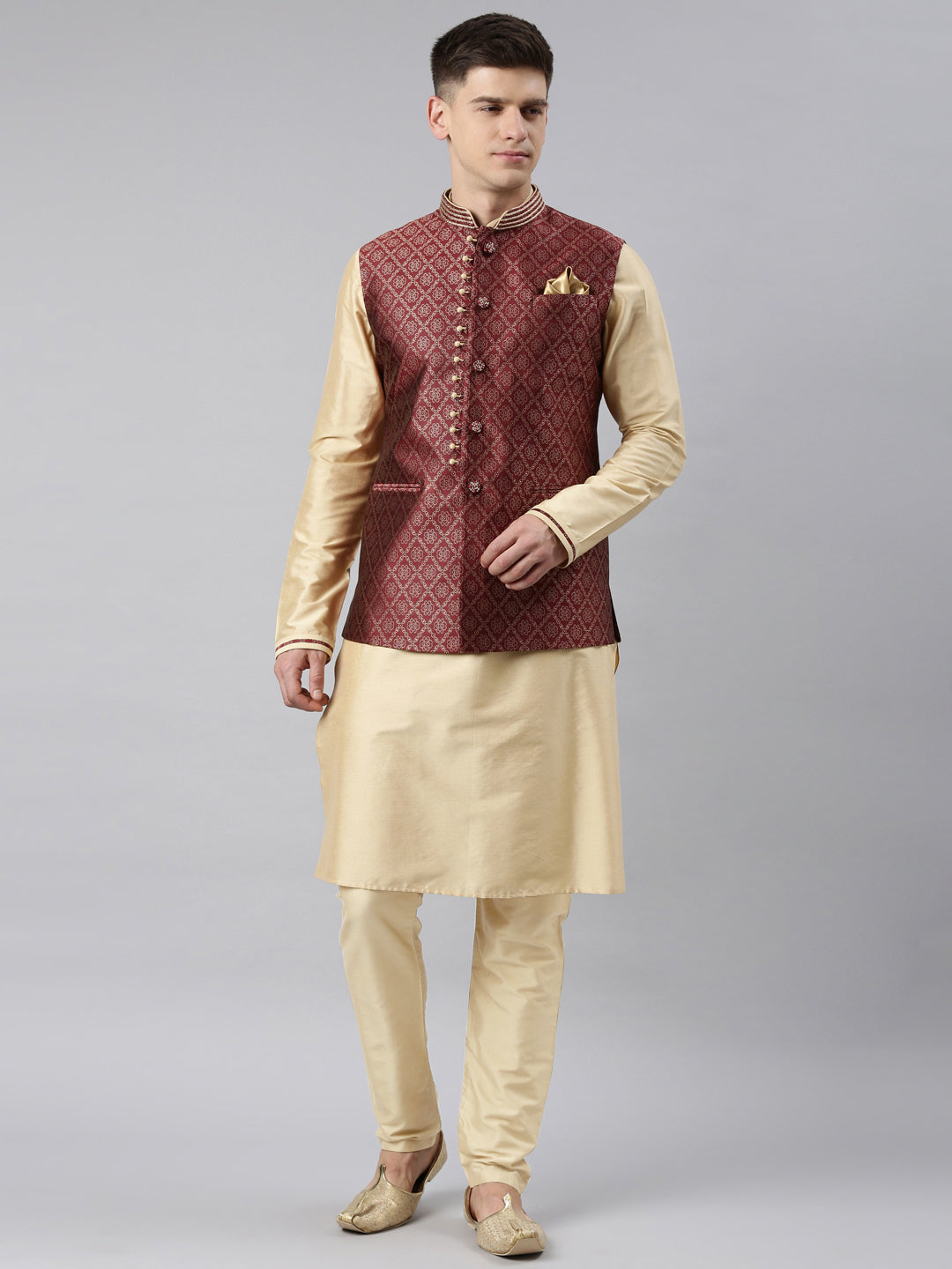 Maroon Banarasi Bundi With Gold Kurta Set