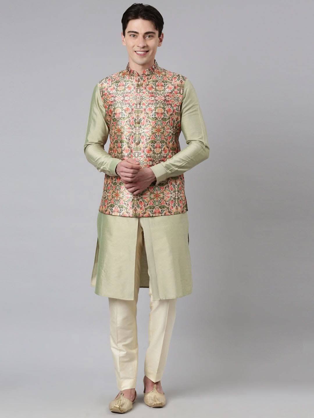 Beige Floral Print Jacket With Open Kurta