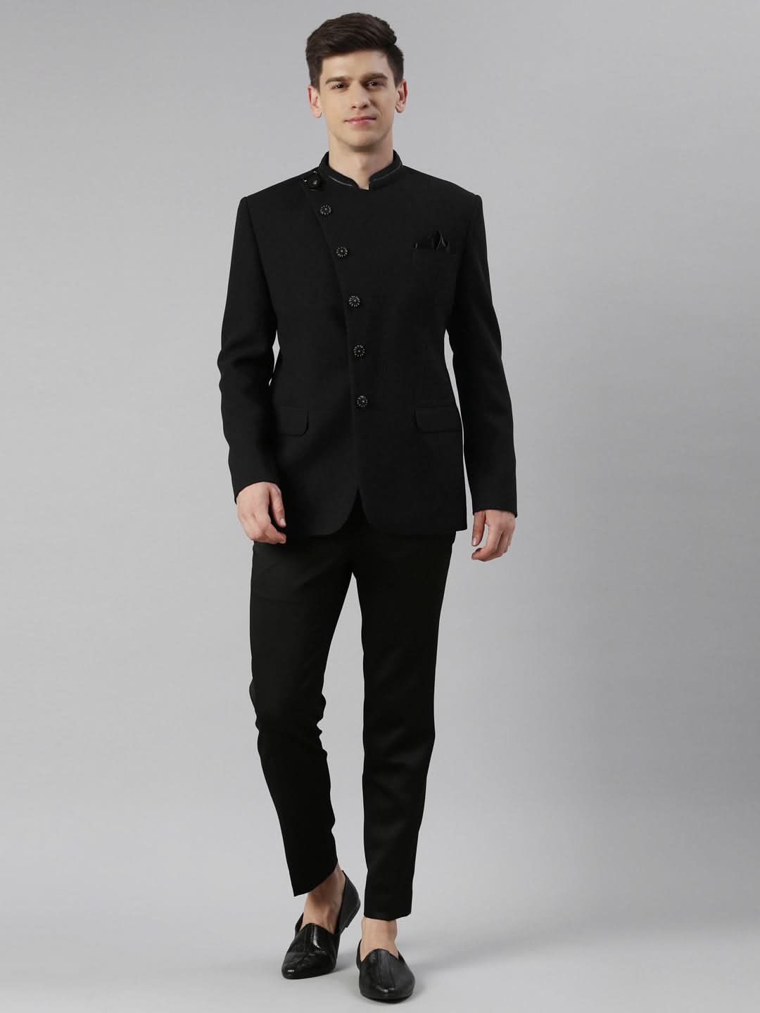 Black textured Bandhgala Set with leather detailing