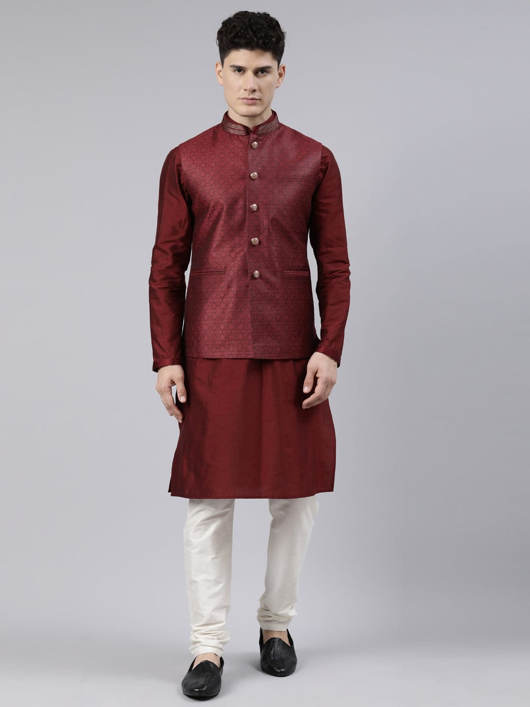 Maroon Jacquard Bundi With Maroon Kurta
