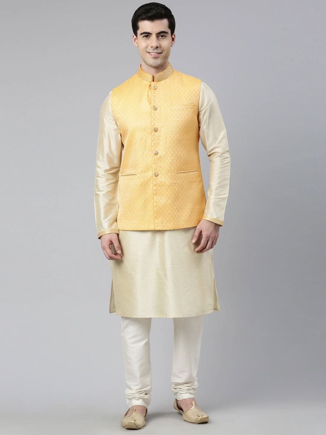 Mustard Geometric Jacquard Jacket With Kurta Set