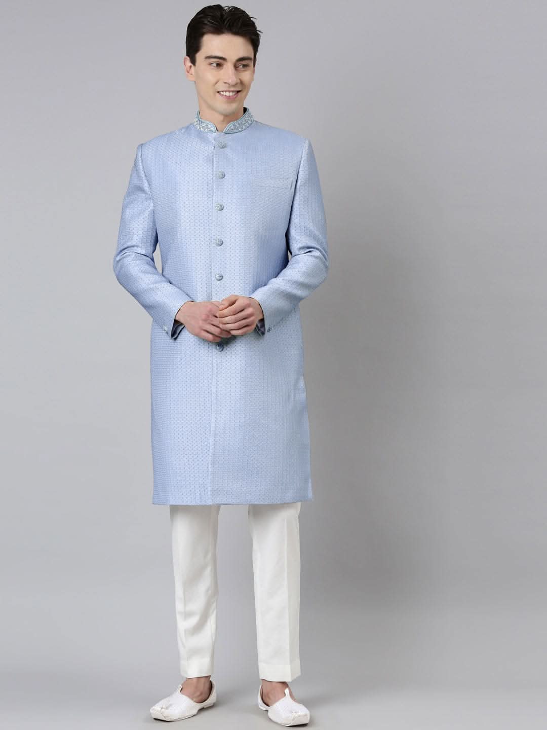 Powder Blue Jacquard Achkan