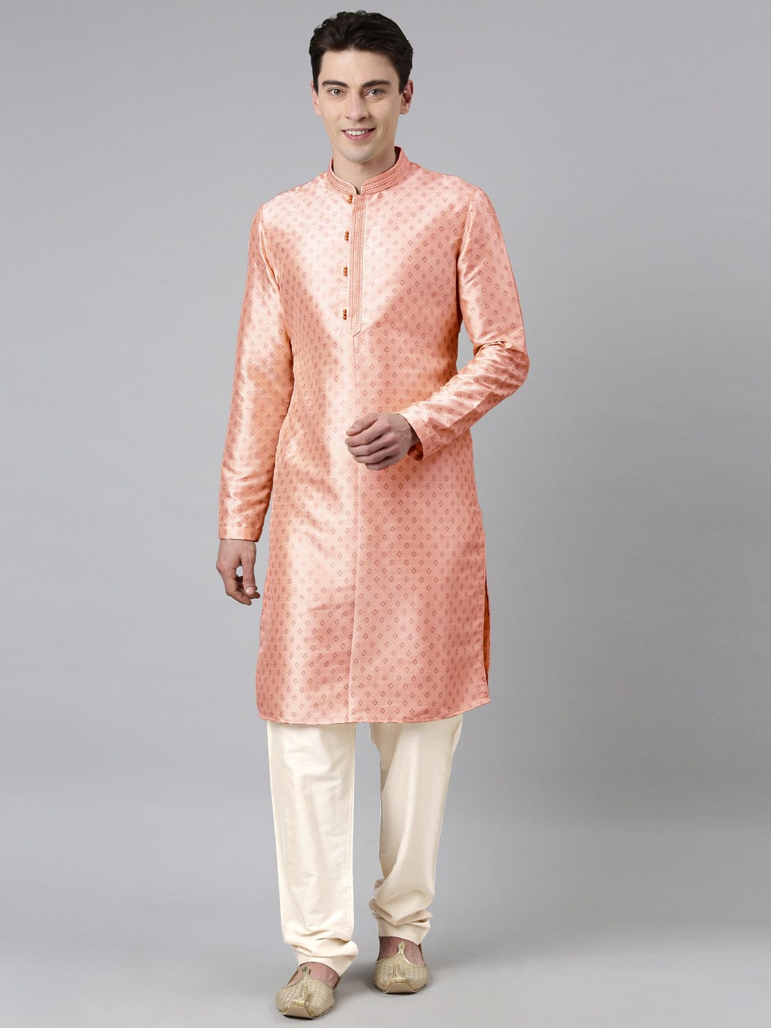 PEACH SILK GOLD PRINTED KURTA SET
