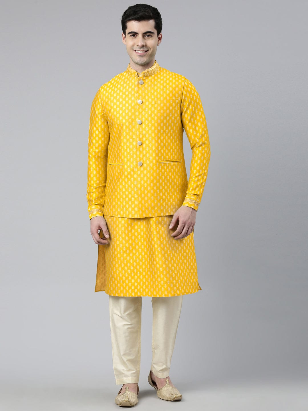 Yellow Banarasi Jacquard Jacket And Kurta Set