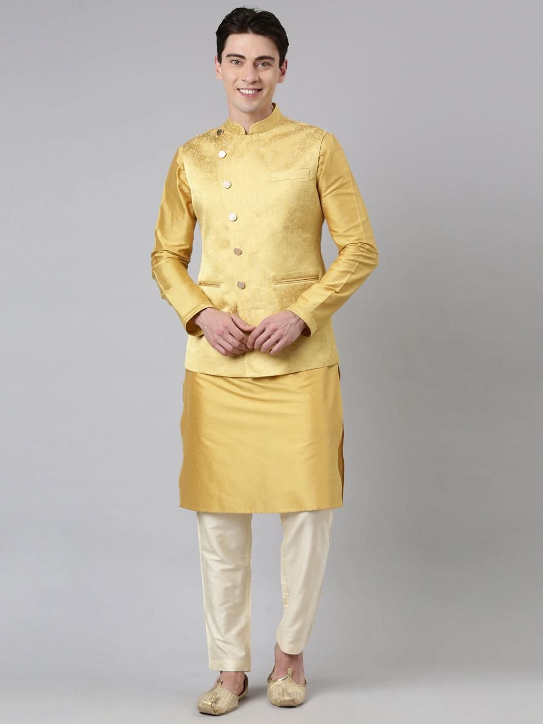 Mustard Jacquard Jacket With Kurta Set