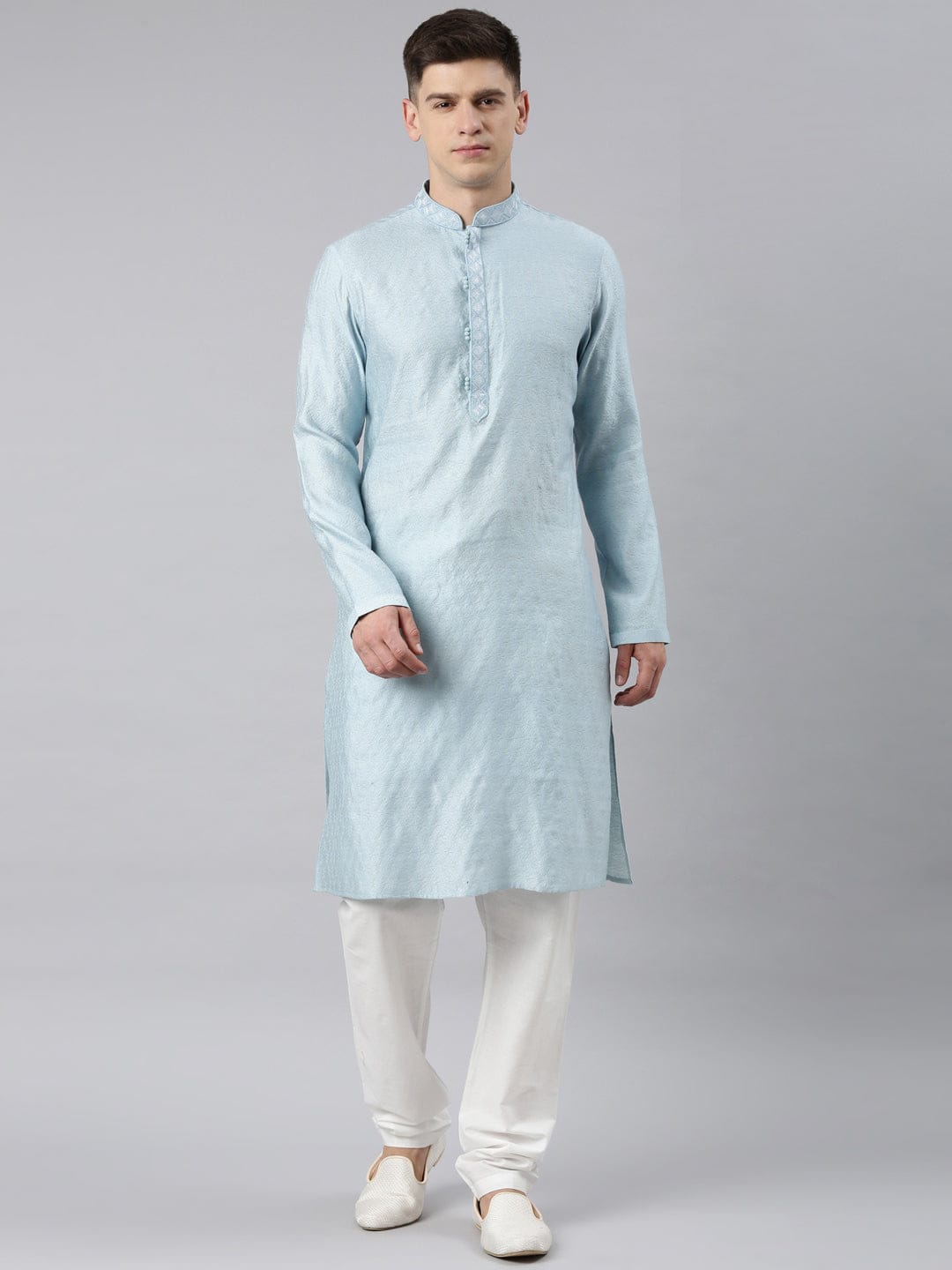 Light blue Jacquard Neck Embroidery Kurta