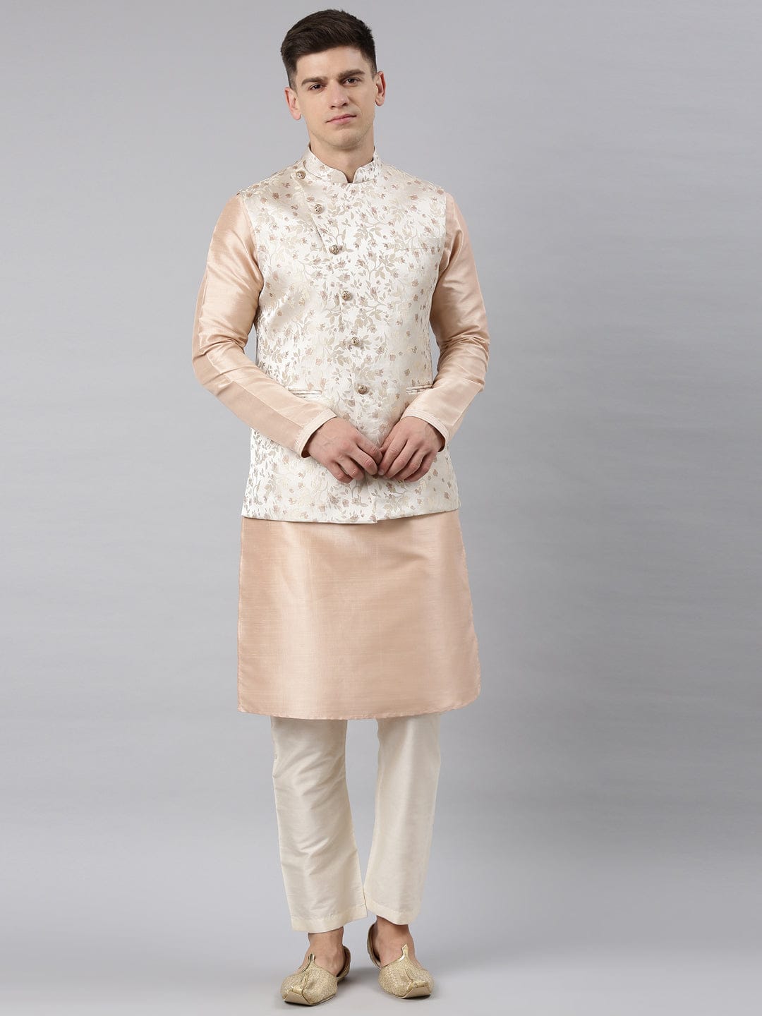 Peach Jacquard Angrakha Jacket With Peach Kurta