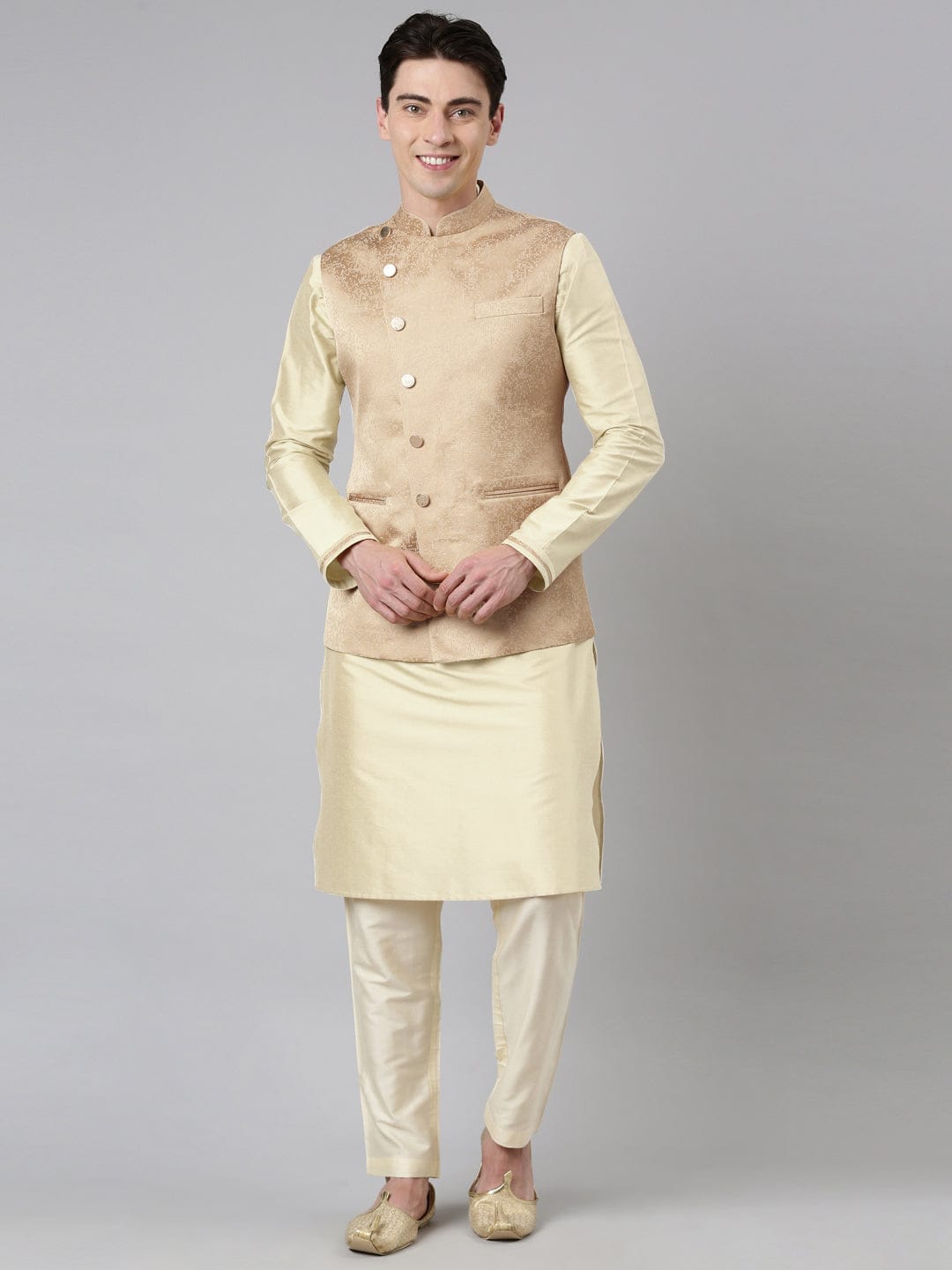 Beige Jacquard Jacket With Kurta Set
