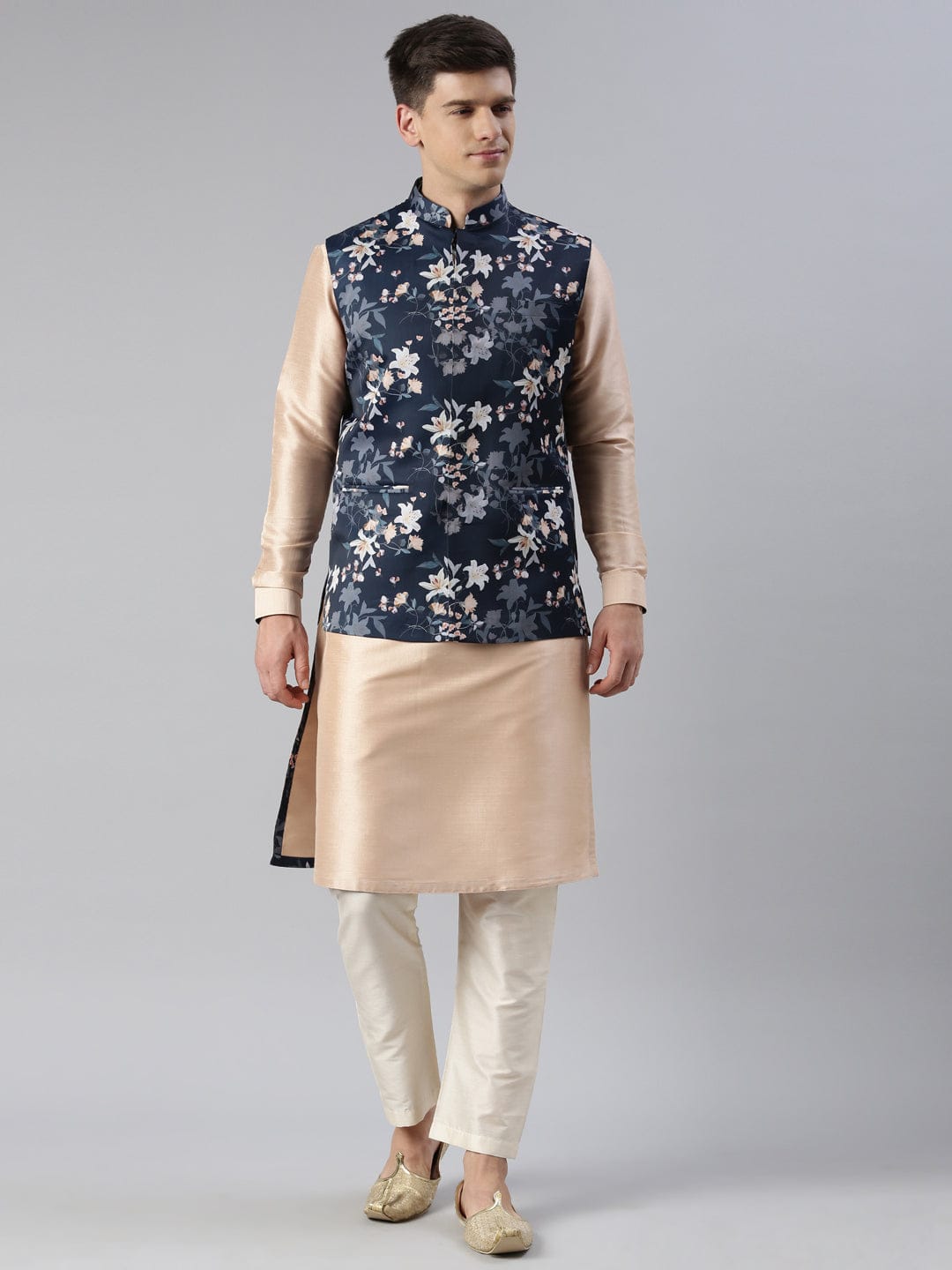 Blue Printed Jacket Kurta Set