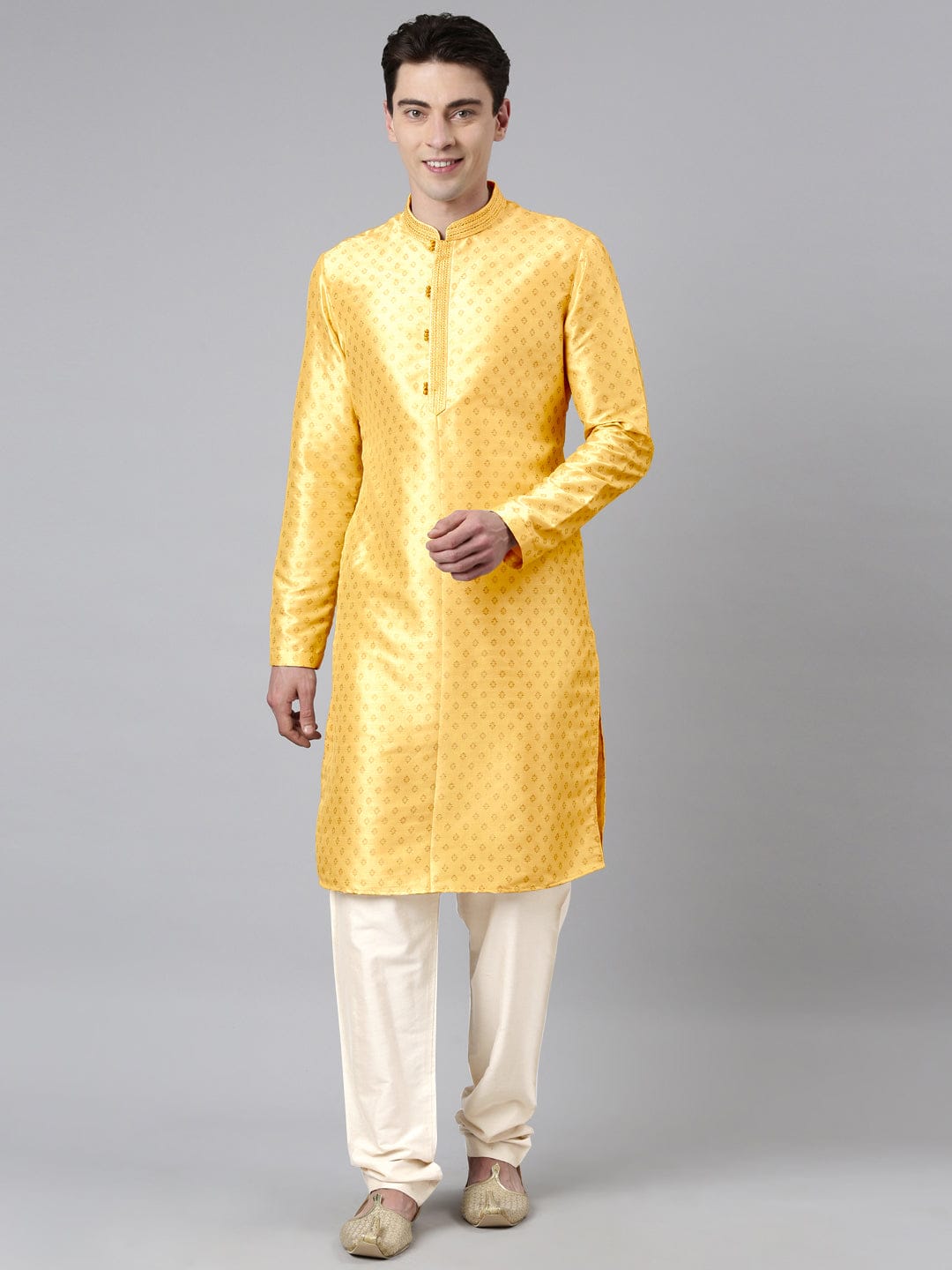 YELLOW SILK GOLD PRINTED KURTA SET