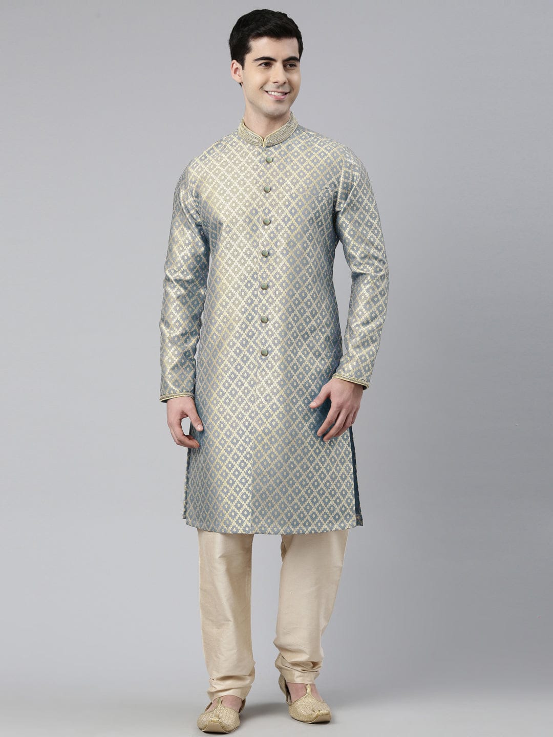 Grey with Golden Floral Jaal Open Kurta Set