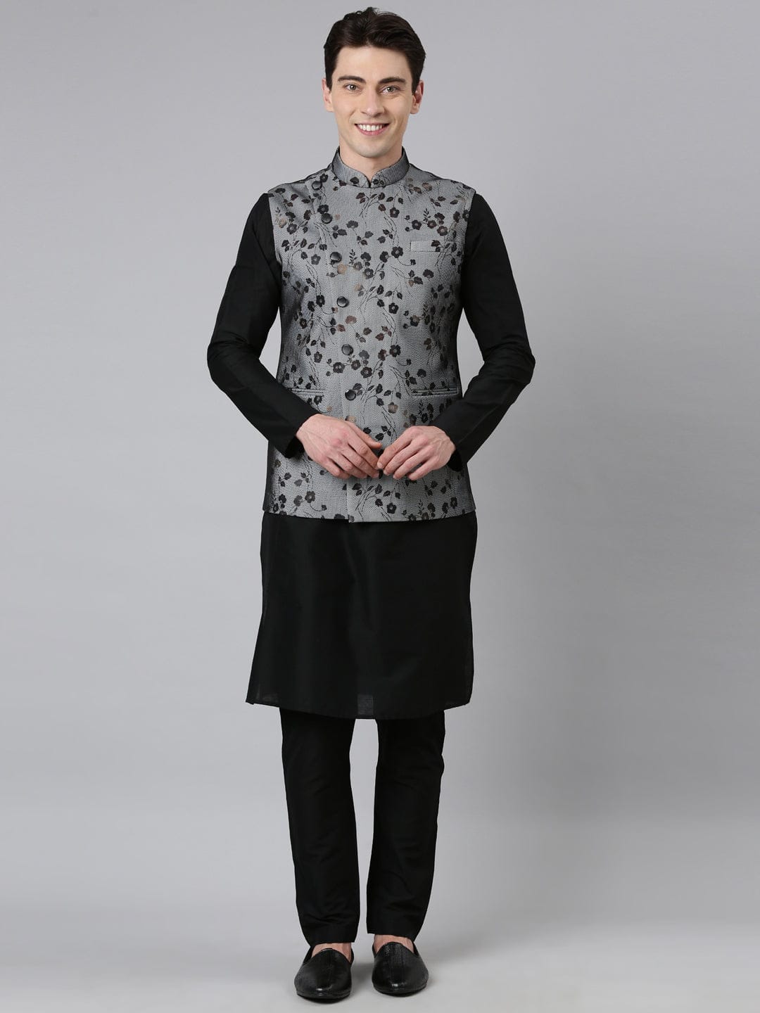 Black Net Printed Jacket With Black Kurta